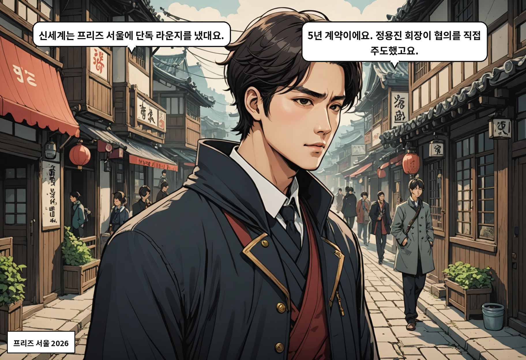 A: 신세계는 프리즈 서울에 단독 라운지를 냈대요. B: 5년 계약이에요. 정용진 회장이 협의를 직접 주도했고요.