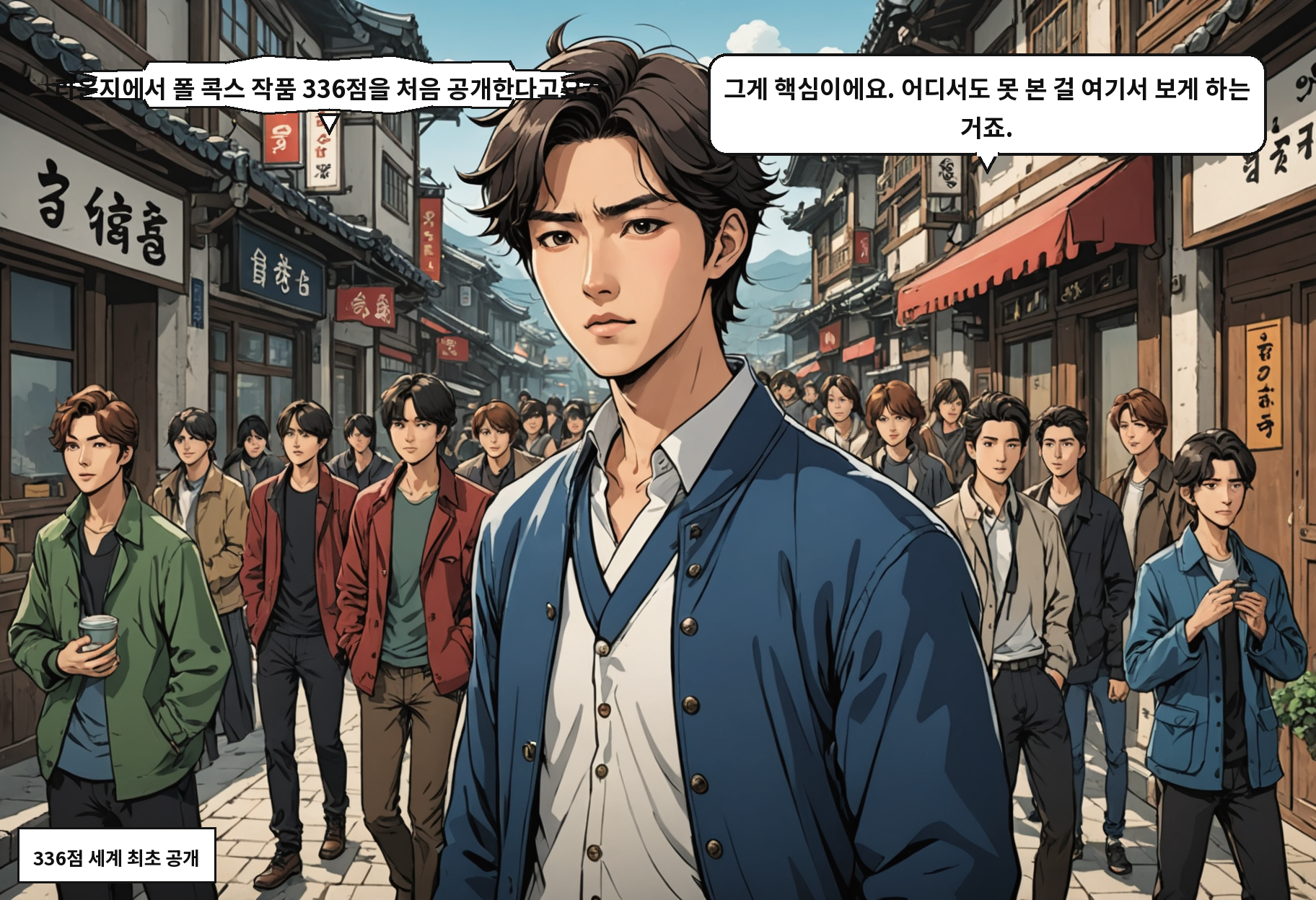 A: 라운지에서 폴 콕스 작품 336점을 처음 공개한다고요?! B: 그게 핵심이에요. 어디서도 못 본 걸 여기서 보게 하는 거죠.