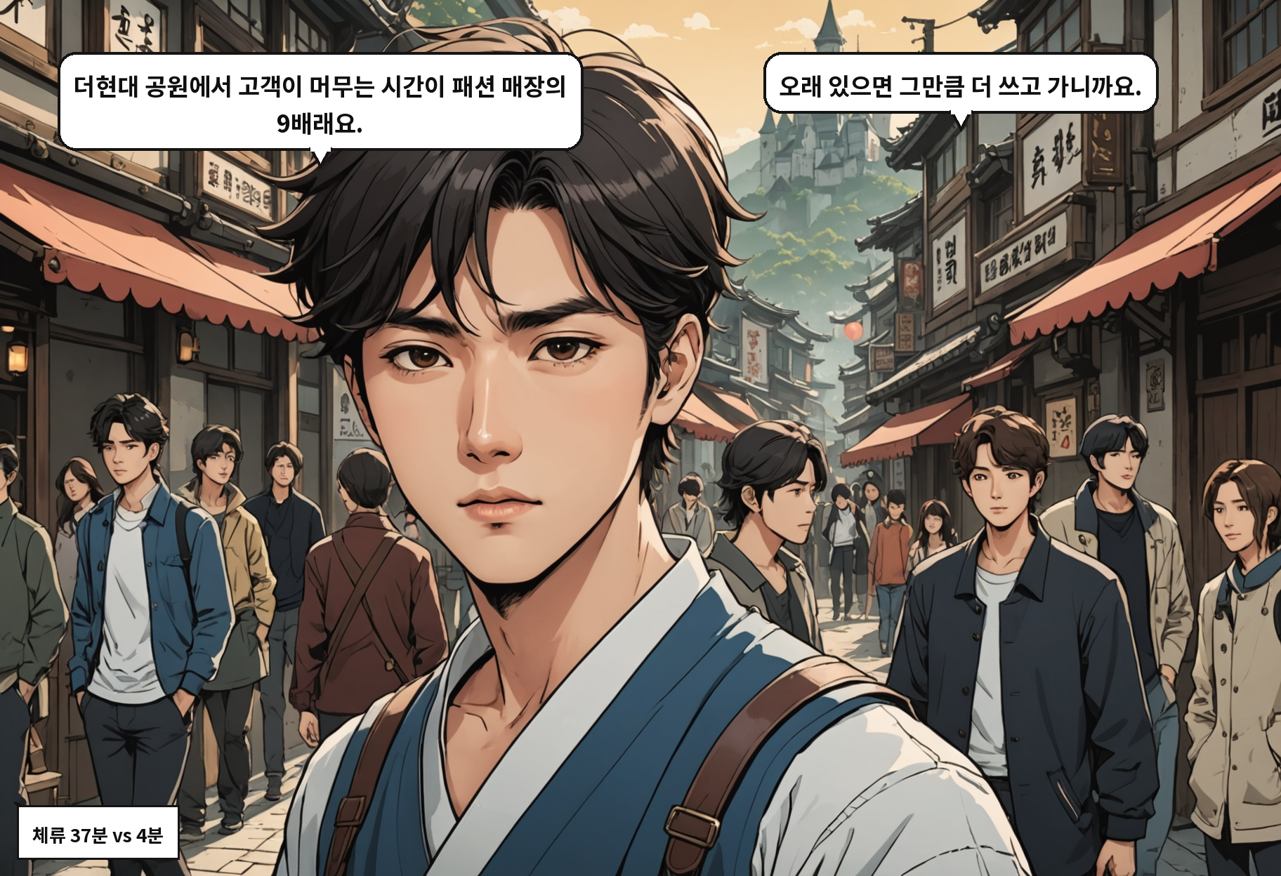 B: 더현대 공원에서 고객이 머무는 시간이 패션 매장의 9배래요. A: 오래 있으면 그만큼 더 쓰고 가니까요.