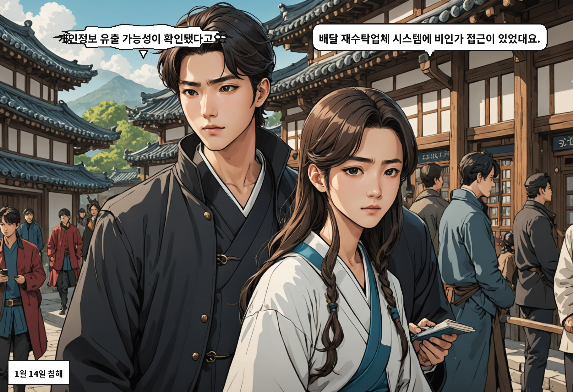 A: 개인정보 유출 가능성이 확인됐다고요? B: 배달 재수탁업체 시스템에 비인가 접근이 있었대요.