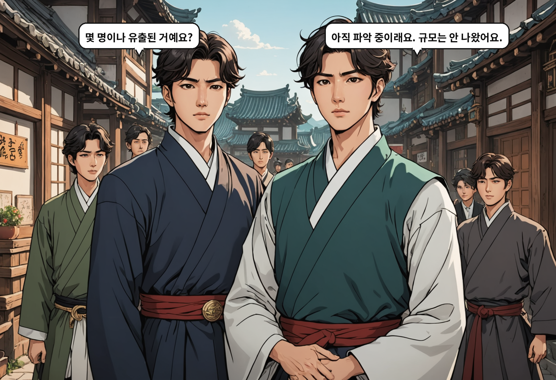 A: 몇 명이나 유출된 거예요? B: 아직 파악 중이래요. 규모는 안 나왔어요.