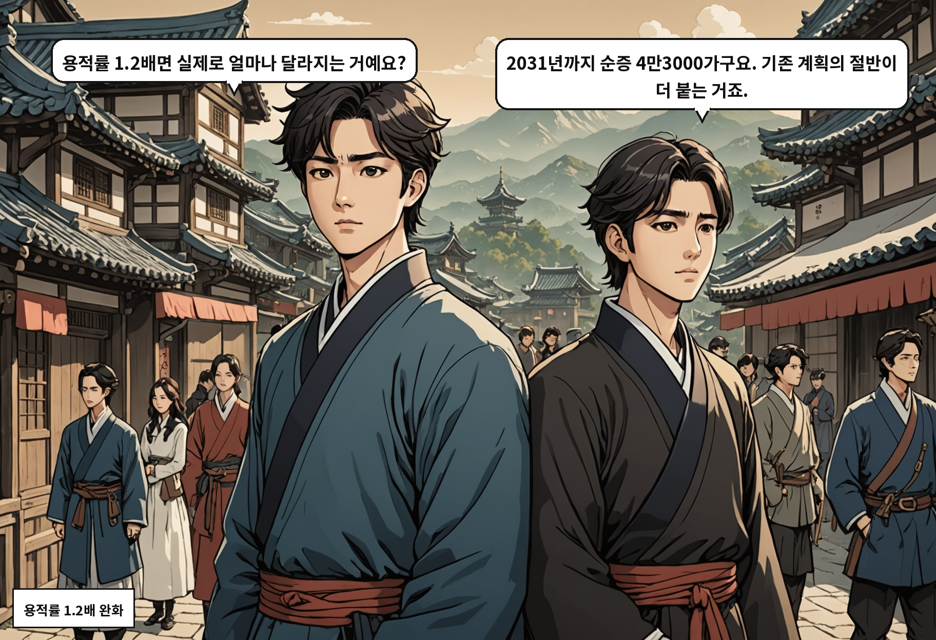 A: 용적률 1.2배면 실제로 얼마나 달라지는 거예요? B: 2031년까지 순증 4만3000가구요. 기존 계획의 절반이 더 붙는 거죠.