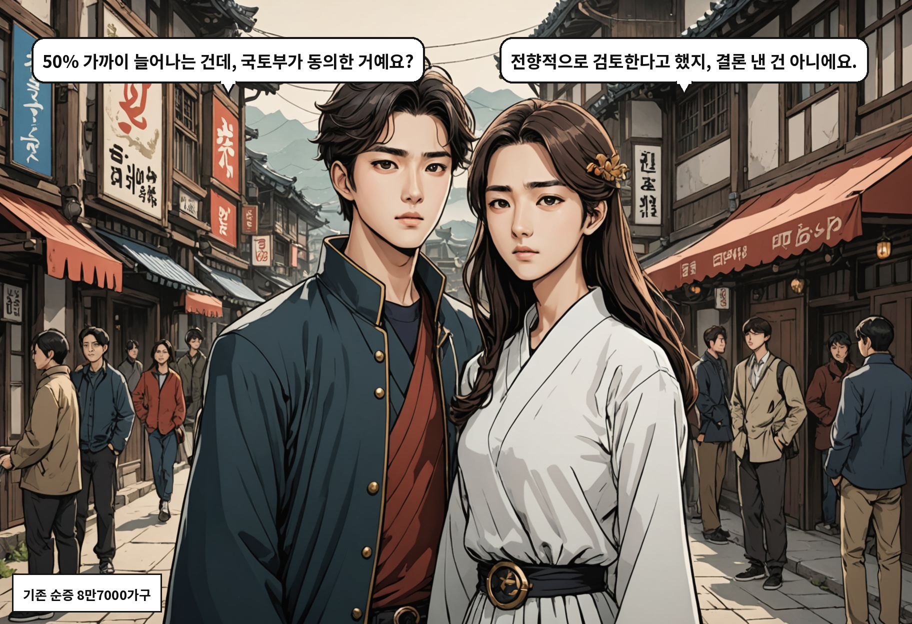 A: 50% 가까이 늘어나는 건데, 국토부가 동의한 거예요? B: 전향적으로 검토한다고 했지, 결론 낸 건 아니에요.