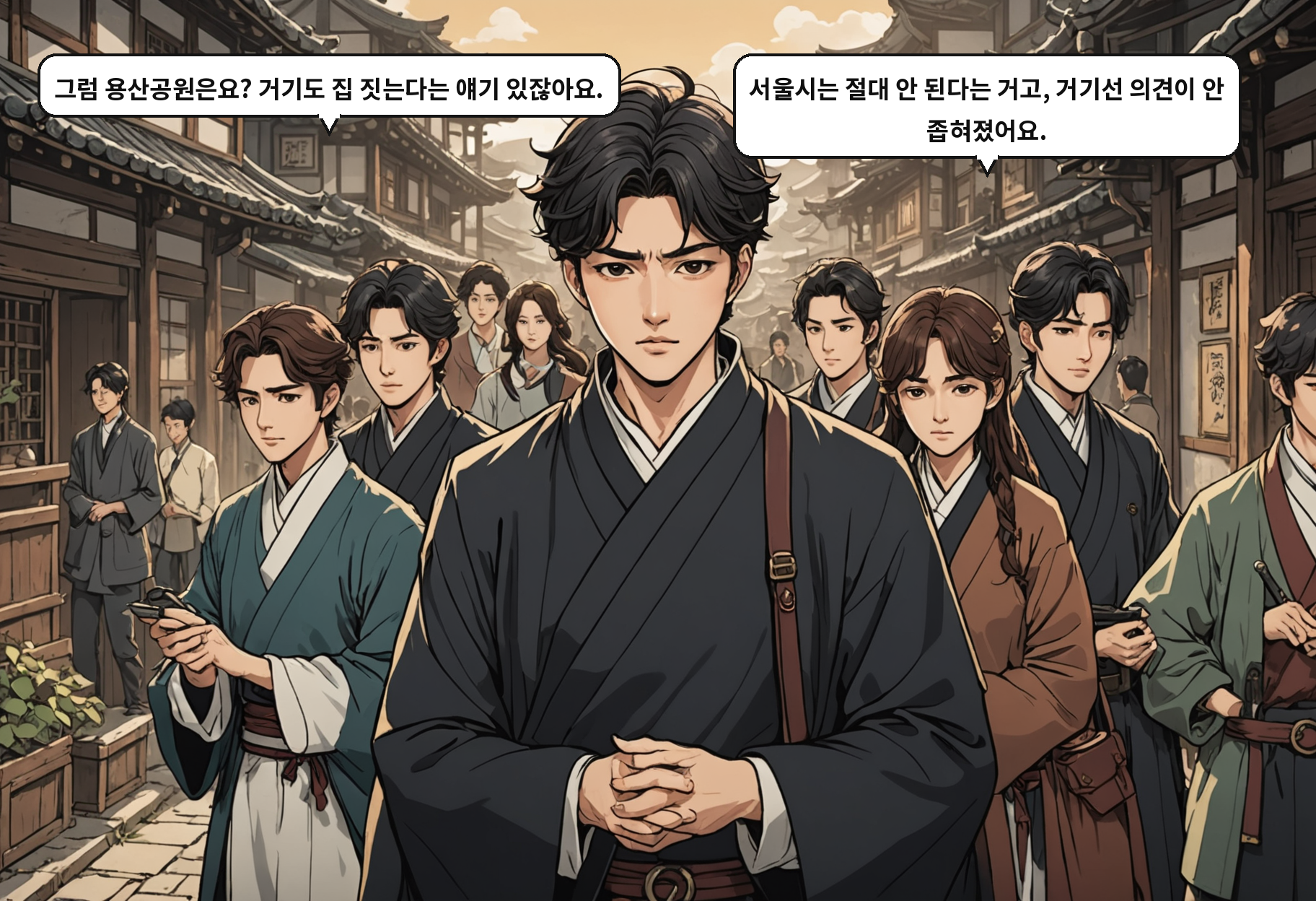 A: 그럼 용산공원은요? 거기도 집 짓는다는 얘기 있잖아요. B: 서울시는 절대 안 된다는 거고, 거기선 의견이 안 좁혀졌어요.