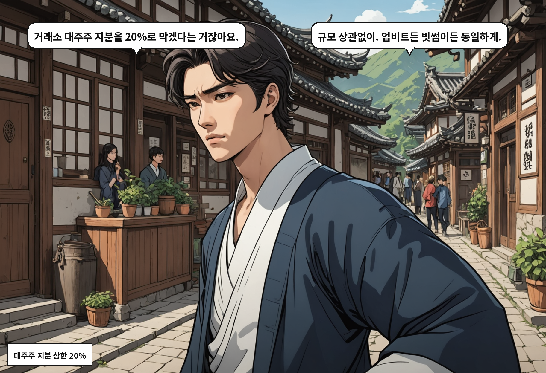 A: 거래소 대주주 지분을 20%로 막겠다는 거잖아요. B: 규모 상관없이. 업비트든 빗썸이든 동일하게.