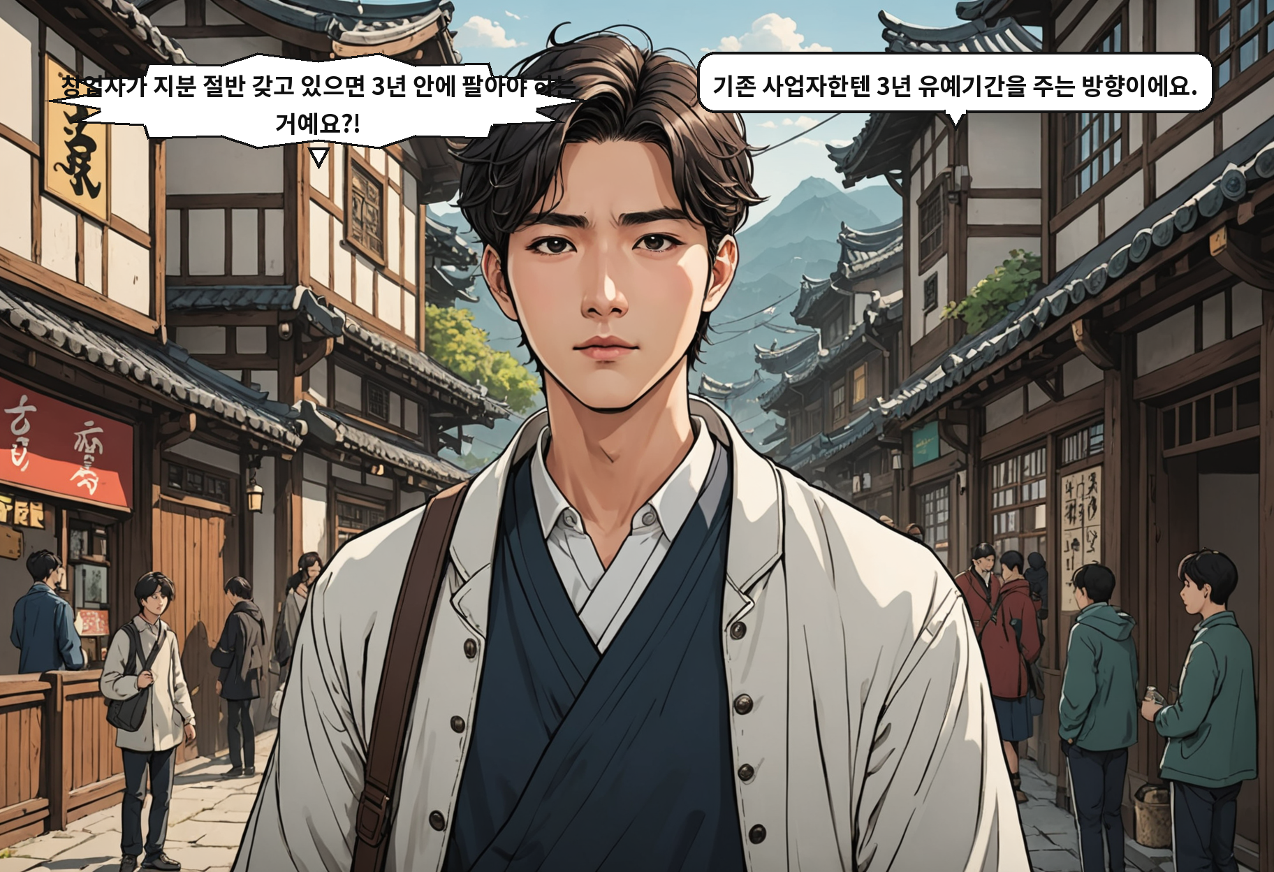 A: 창업자가 지분 절반 갖고 있으면 3년 안에 팔아야 하는 거예요?! B: 기존 사업자한텐 3년 유예기간을 주는 방향이에요.