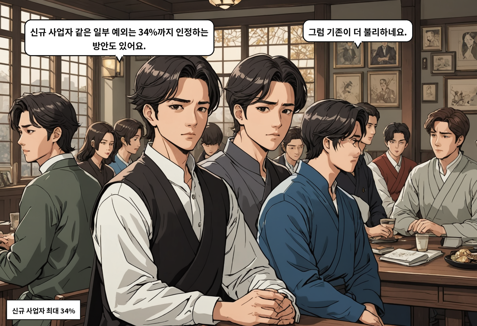 B: 신규 사업자 같은 일부 예외는 34%까지 인정하는 방안도 있어요. A: 그럼 기존이 더 불리하네요.