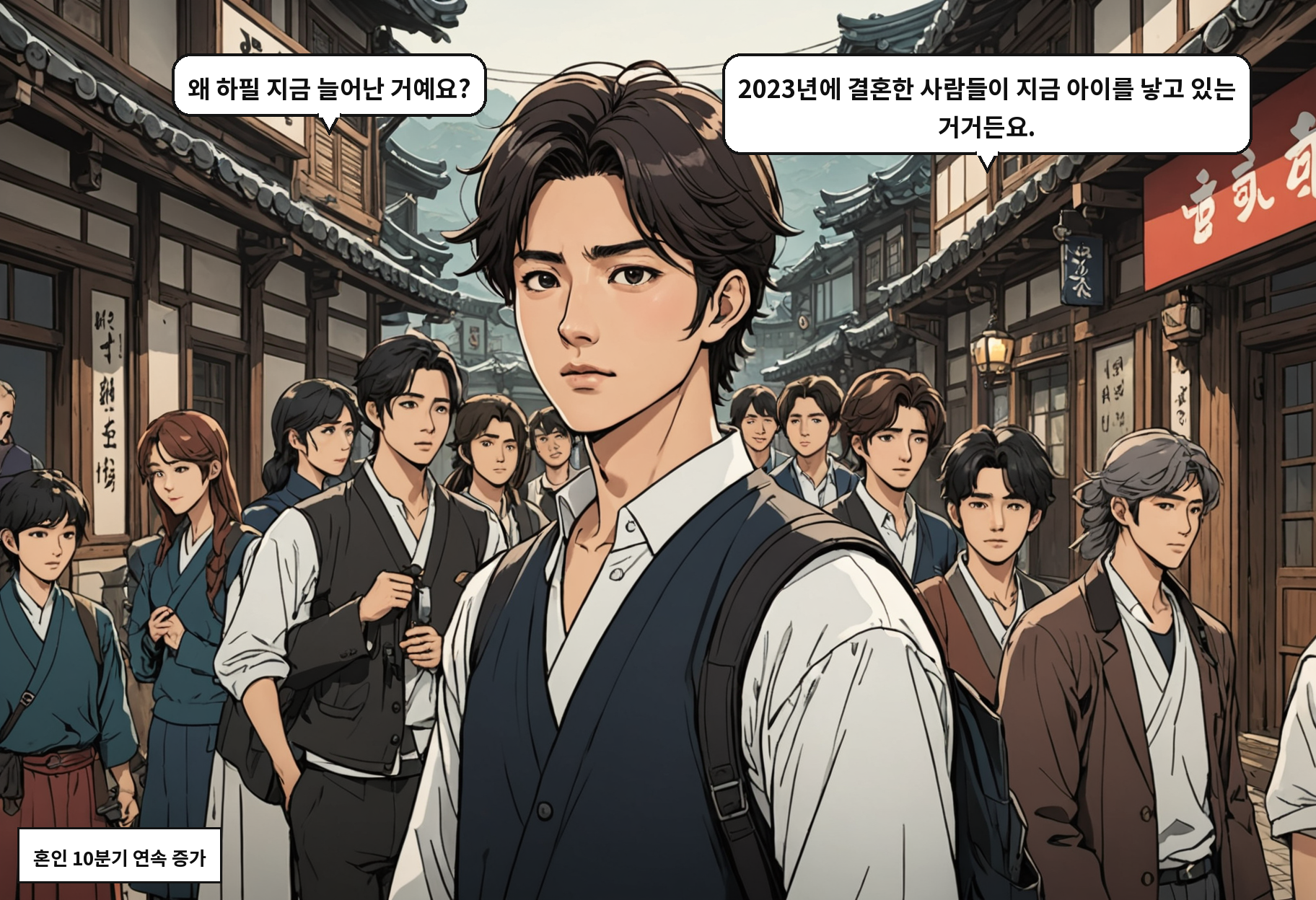 B: 왜 하필 지금 늘어난 거예요? A: 2023년에 결혼한 사람들이 지금 아이를 낳고 있는 거거든요.