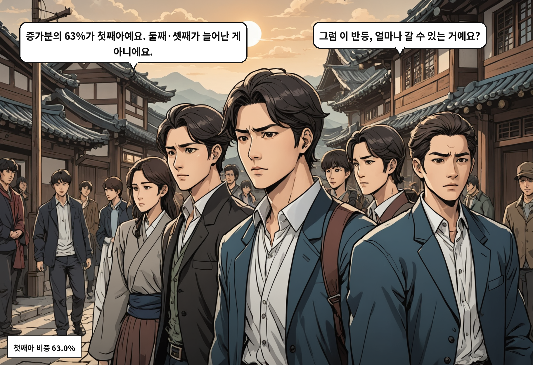 A: 증가분의 63%가 첫째아예요. 둘째·셋째가 늘어난 게 아니에요. B: 그럼 이 반등, 얼마나 갈 수 있는 거예요?