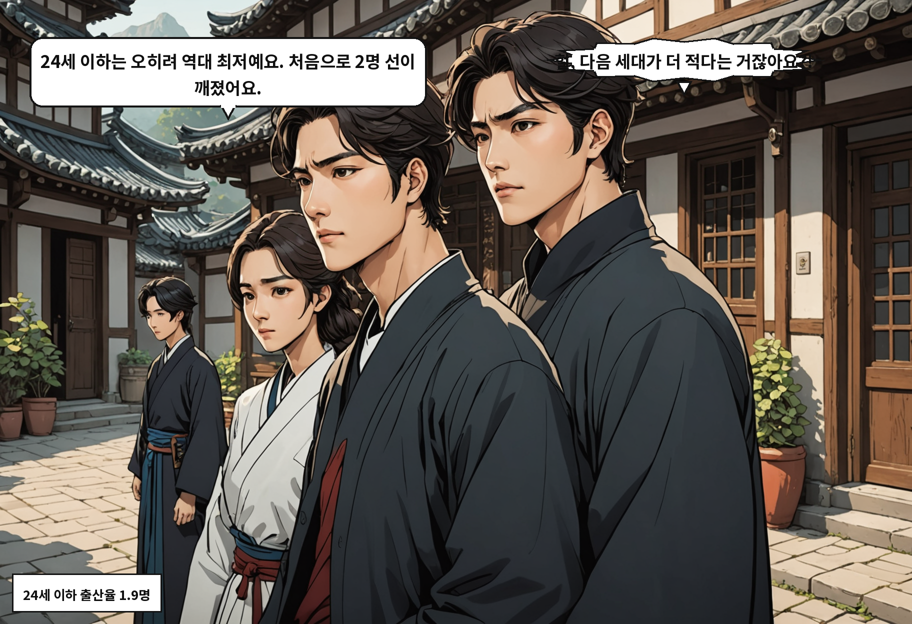 A: 24세 이하는 오히려 역대 최저예요. 처음으로 2명 선이 깨졌어요. B: 헐, 다음 세대가 더 적다는 거잖아요?!