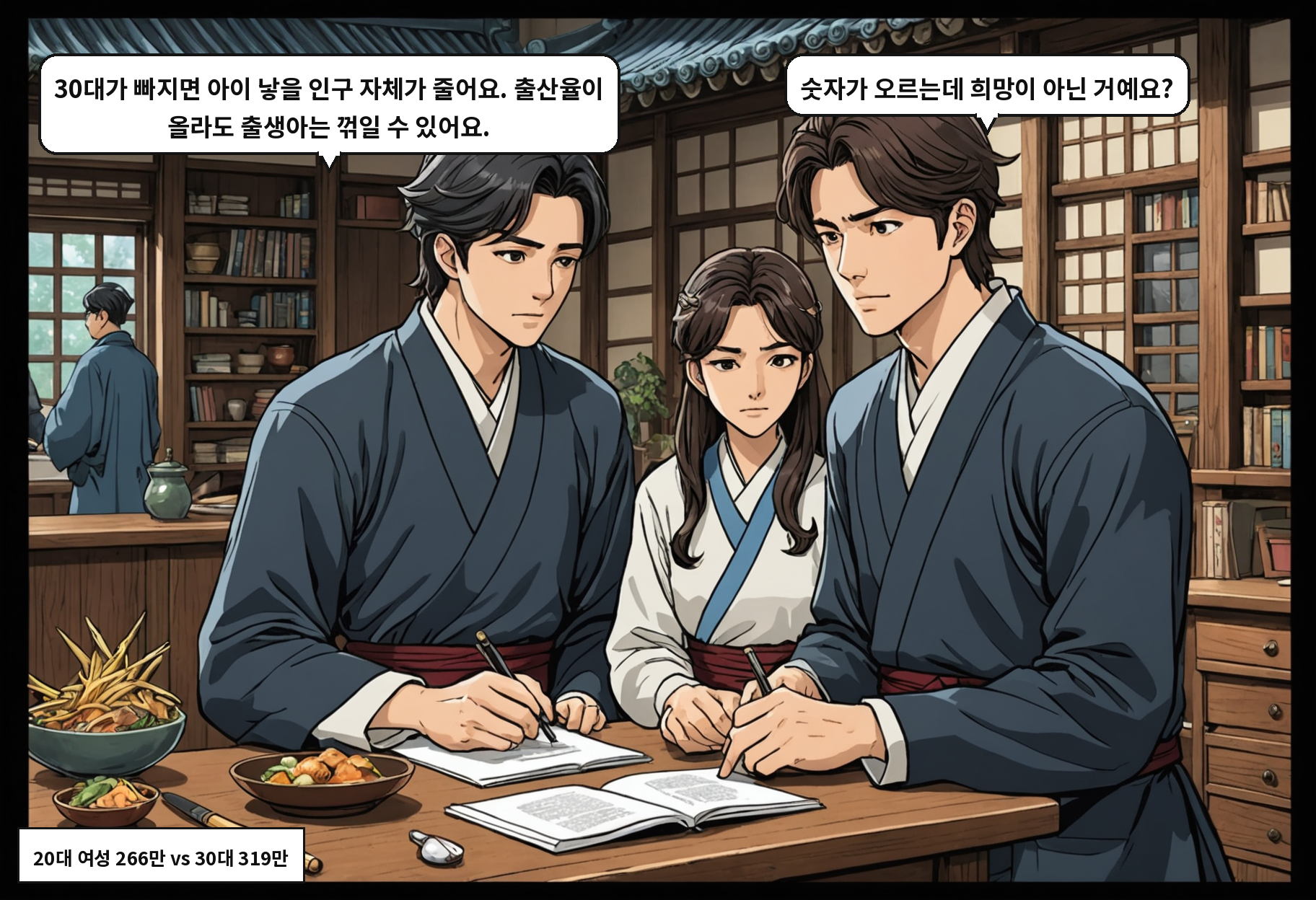 A: 30대가 빠지면 아이 낳을 인구 자체가 줄어요. 출산율이 올라도 출생아는 꺾일 수 있어요. B: 숫자가 오르는데 희망이 아닌 거예요?