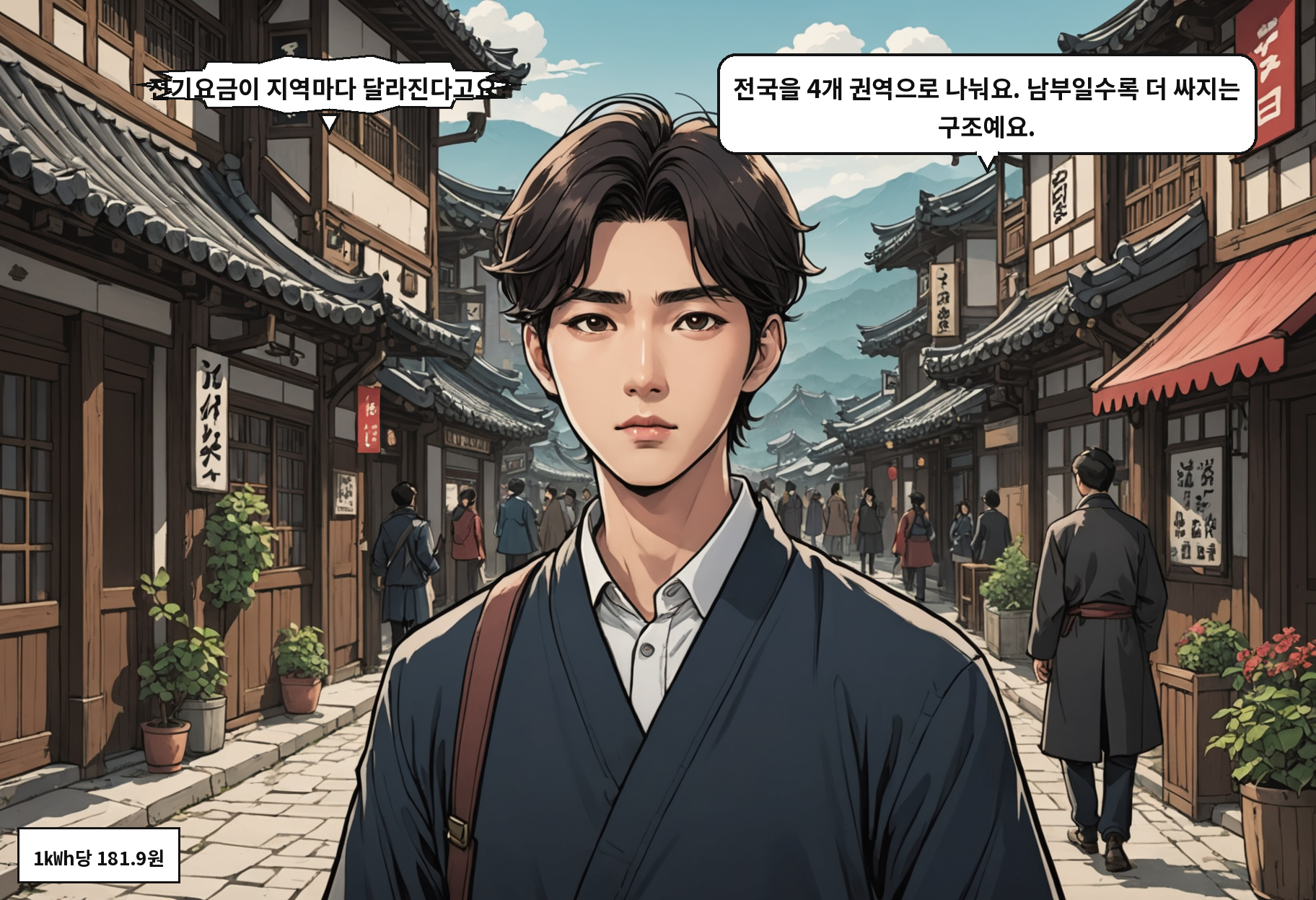 A: 전기요금이 지역마다 달라진다고요? B: 전국을 4개 권역으로 나눠요. 남부일수록 더 싸지는 구조예요.