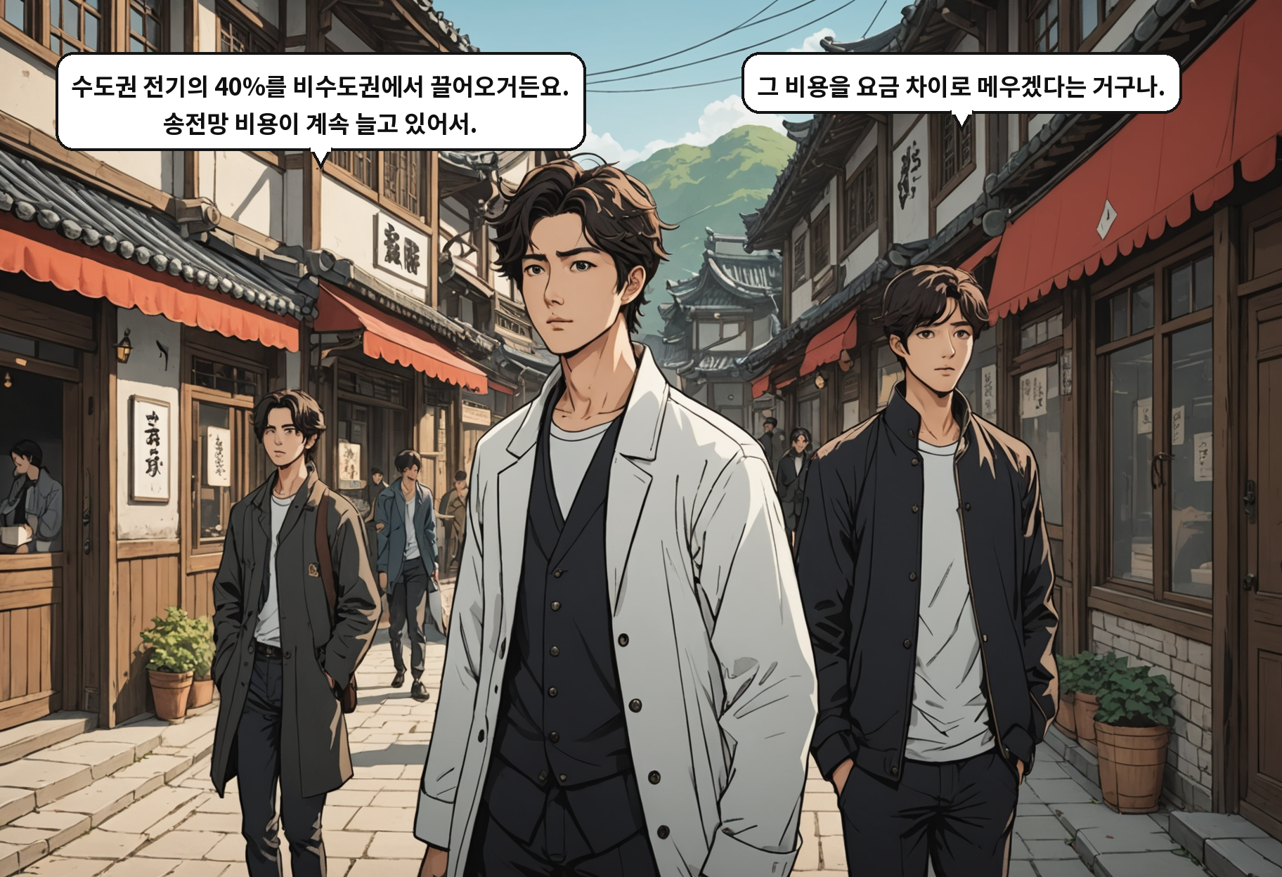 B: 수도권 전기의 40%를 비수도권에서 끌어오거든요. 송전망 비용이 계속 늘고 있어서. A: 그 비용을 요금 차이로 메우겠다는 거구나.