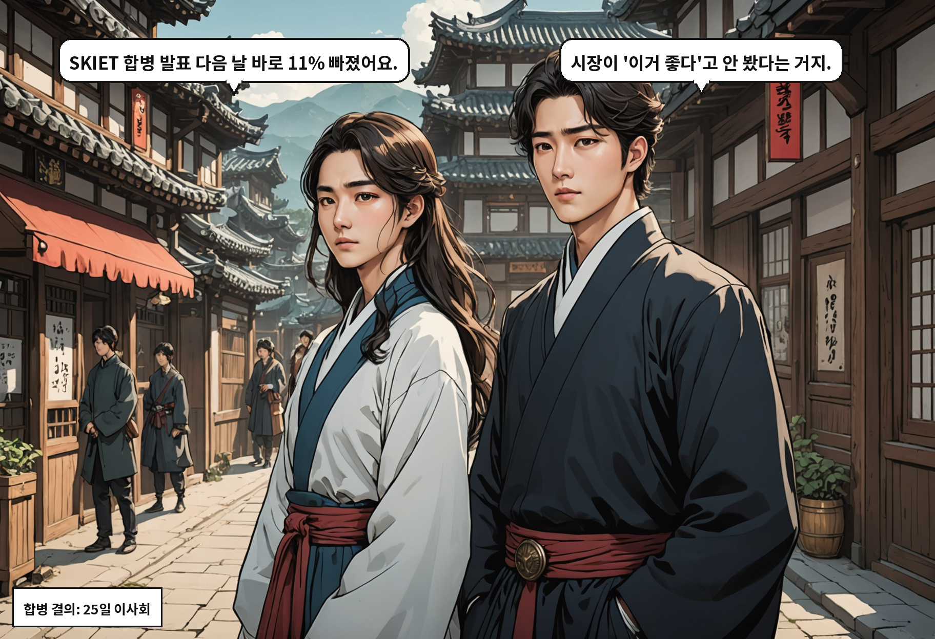 A: SKIET 합병 발표 다음 날 바로 11% 빠졌어요. B: 시장이 '이거 좋다'고 안 봤다는 거지.