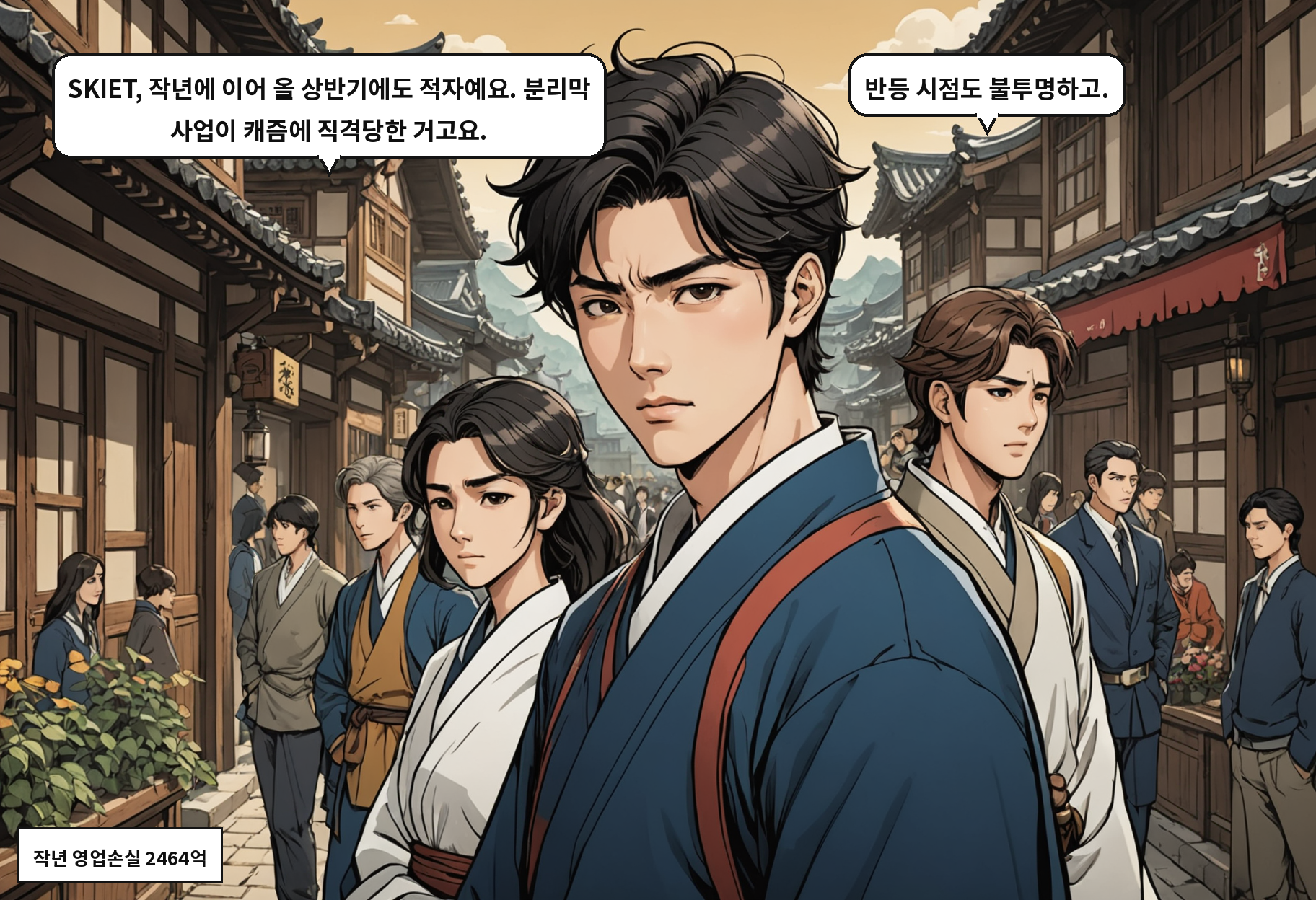 A: SKIET, 작년에 이어 올 상반기에도 적자예요. 분리막 사업이 캐즘에 직격당한 거고요. B: 반등 시점도 불투명하고.