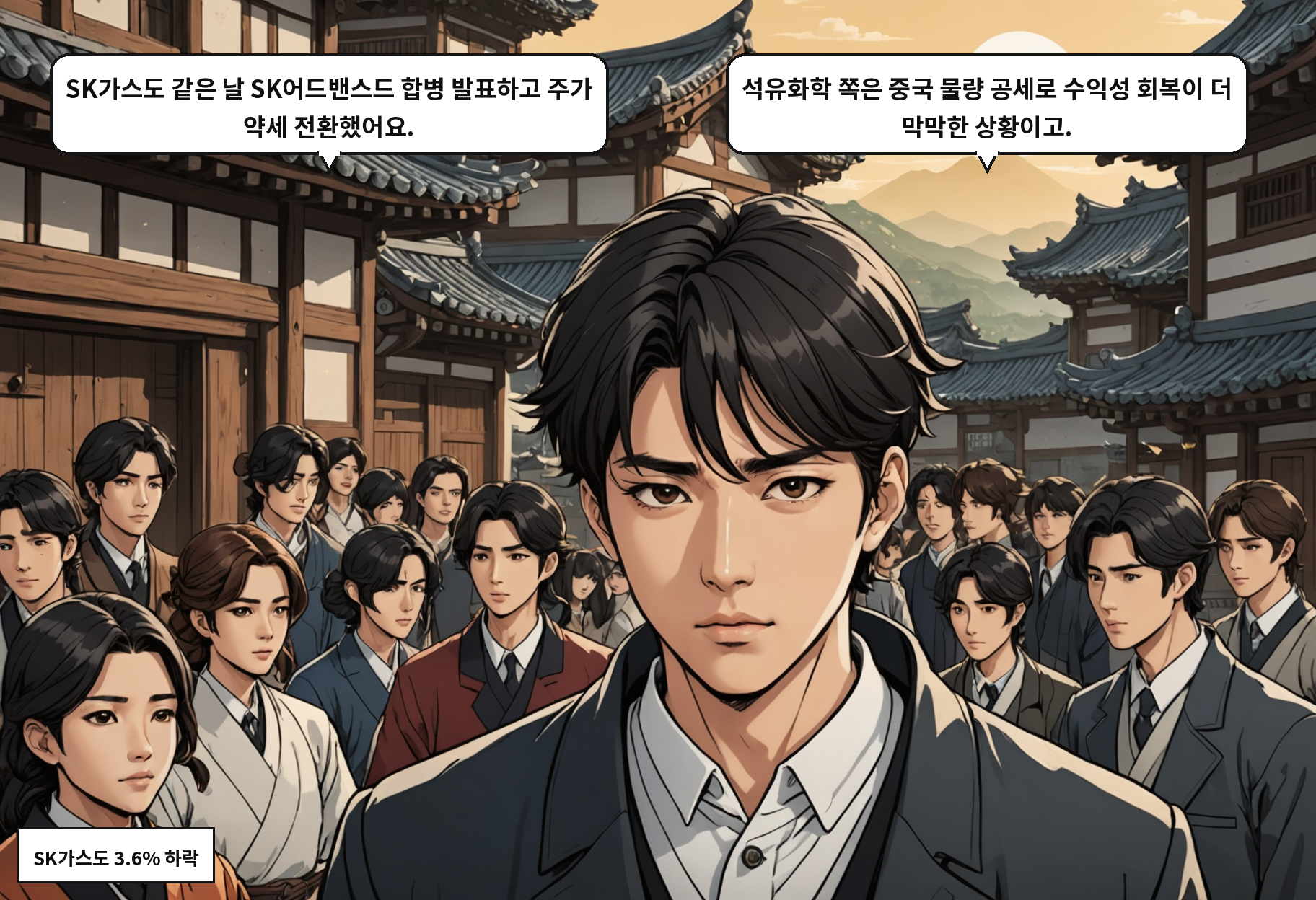A: SK가스도 같은 날 SK어드밴스드 합병 발표하고 주가 약세 전환했어요. B: 석유화학 쪽은 중국 물량 공세로 수익성 회복이 더 막막한 상황이고.