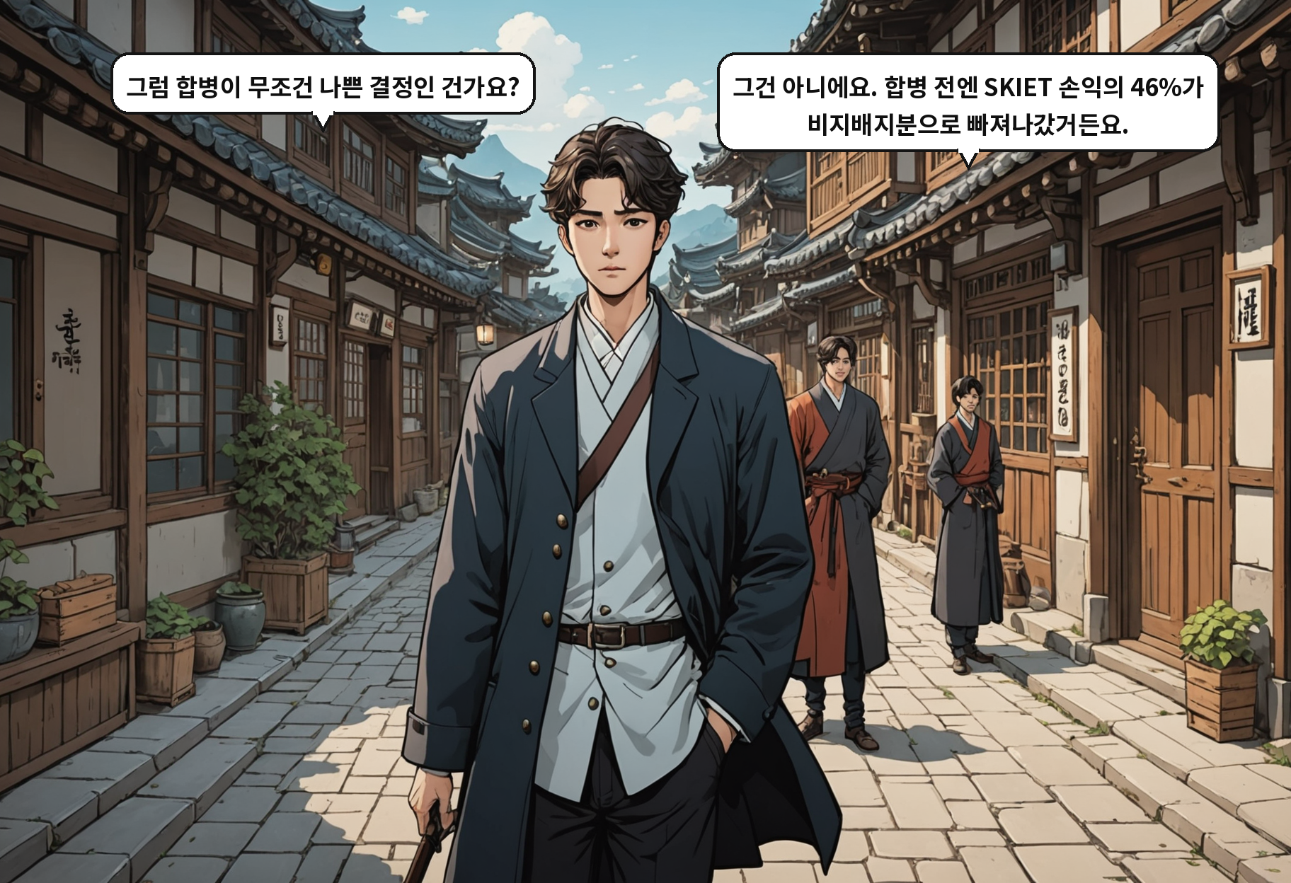 A: 그럼 합병이 무조건 나쁜 결정인 건가요? B: 그건 아니에요. 합병 전엔 SKIET 손익의 46%가 비지배지분으로 빠져나갔거든요.
