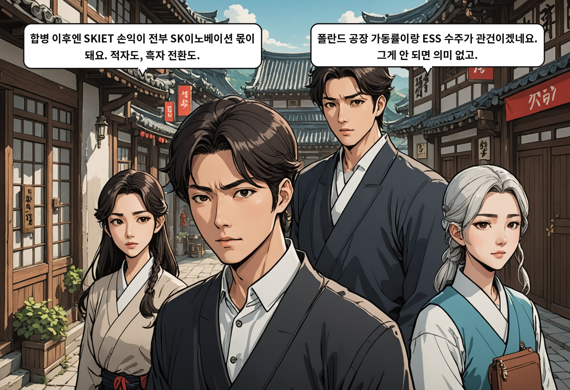 B: 합병 이후엔 SKIET 손익이 전부 SK이노베이션 몫이 돼요. 적자도, 흑자 전환도. A: 폴란드 공장 가동률이랑 ESS 수주가 관건이겠네요. 그게 안 되면 의미 없고.