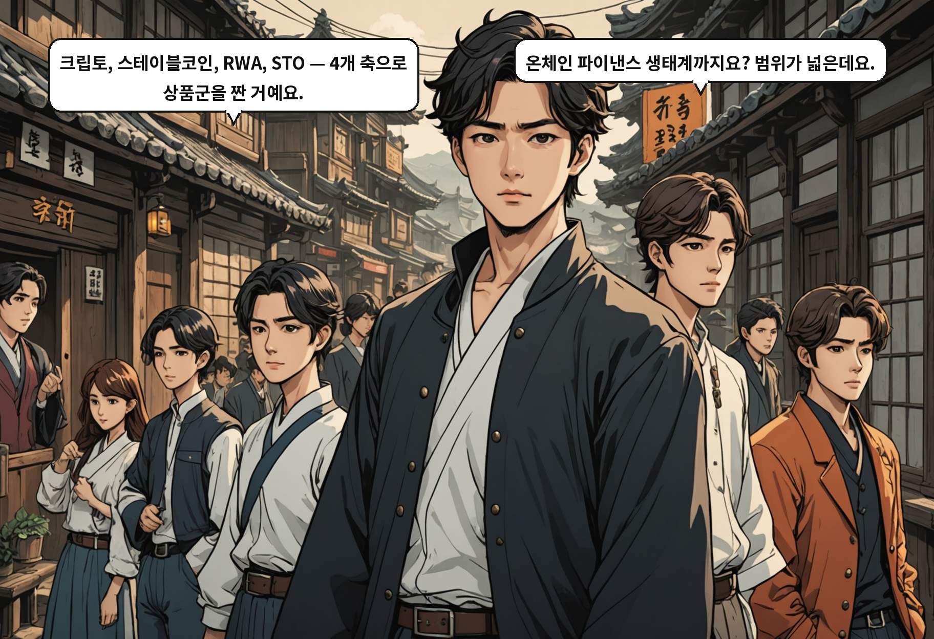 B: 크립토, 스테이블코인, RWA, STO — 4개 축으로 상품군을 짠 거예요. A: 온체인 파이낸스 생태계까지요? 범위가 넓은데요.