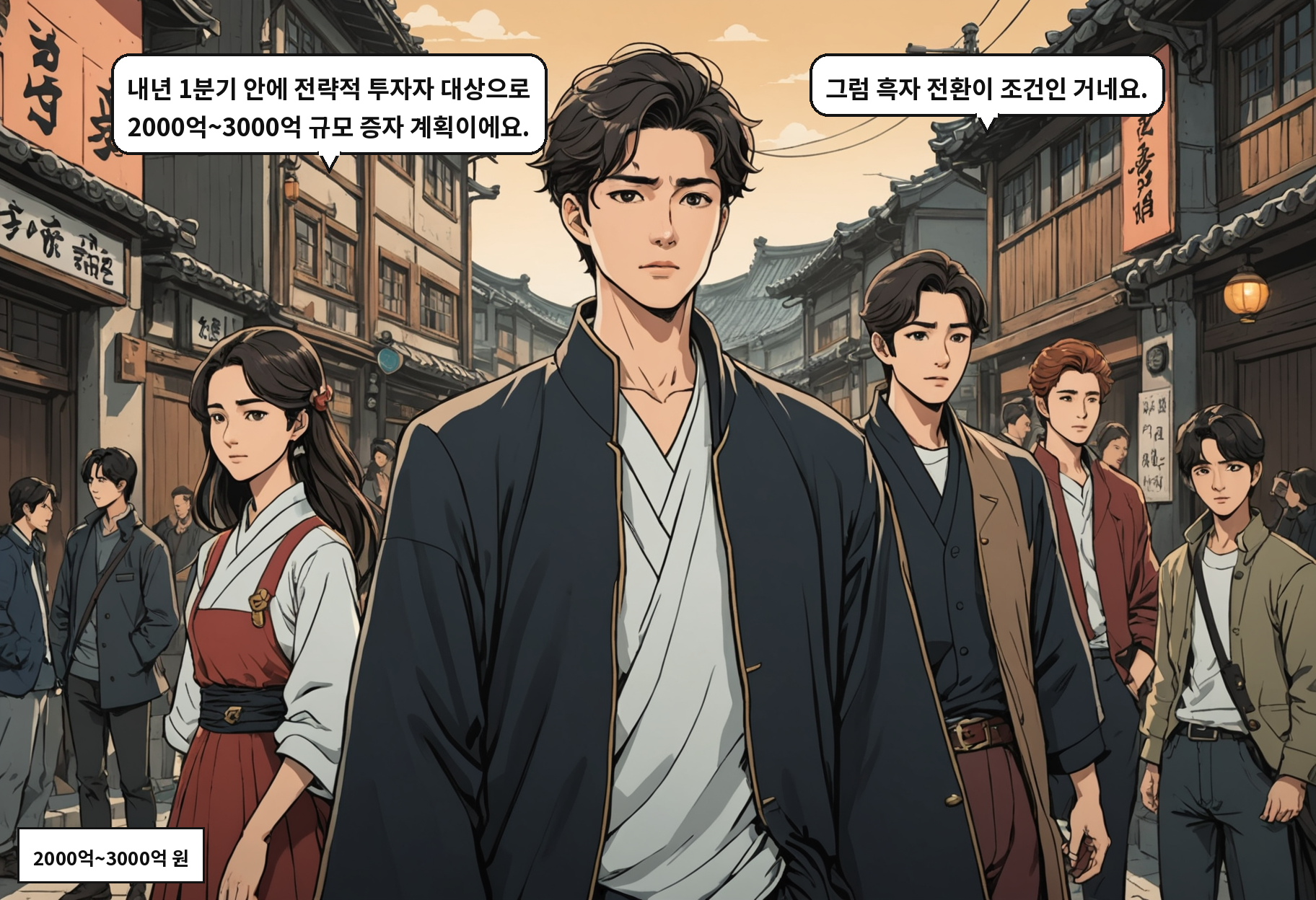 B: 내년 1분기 안에 전략적 투자자 대상으로 2000억~3000억 규모 증자 계획이에요. A: 그럼 흑자 전환이 조건인 거네요.