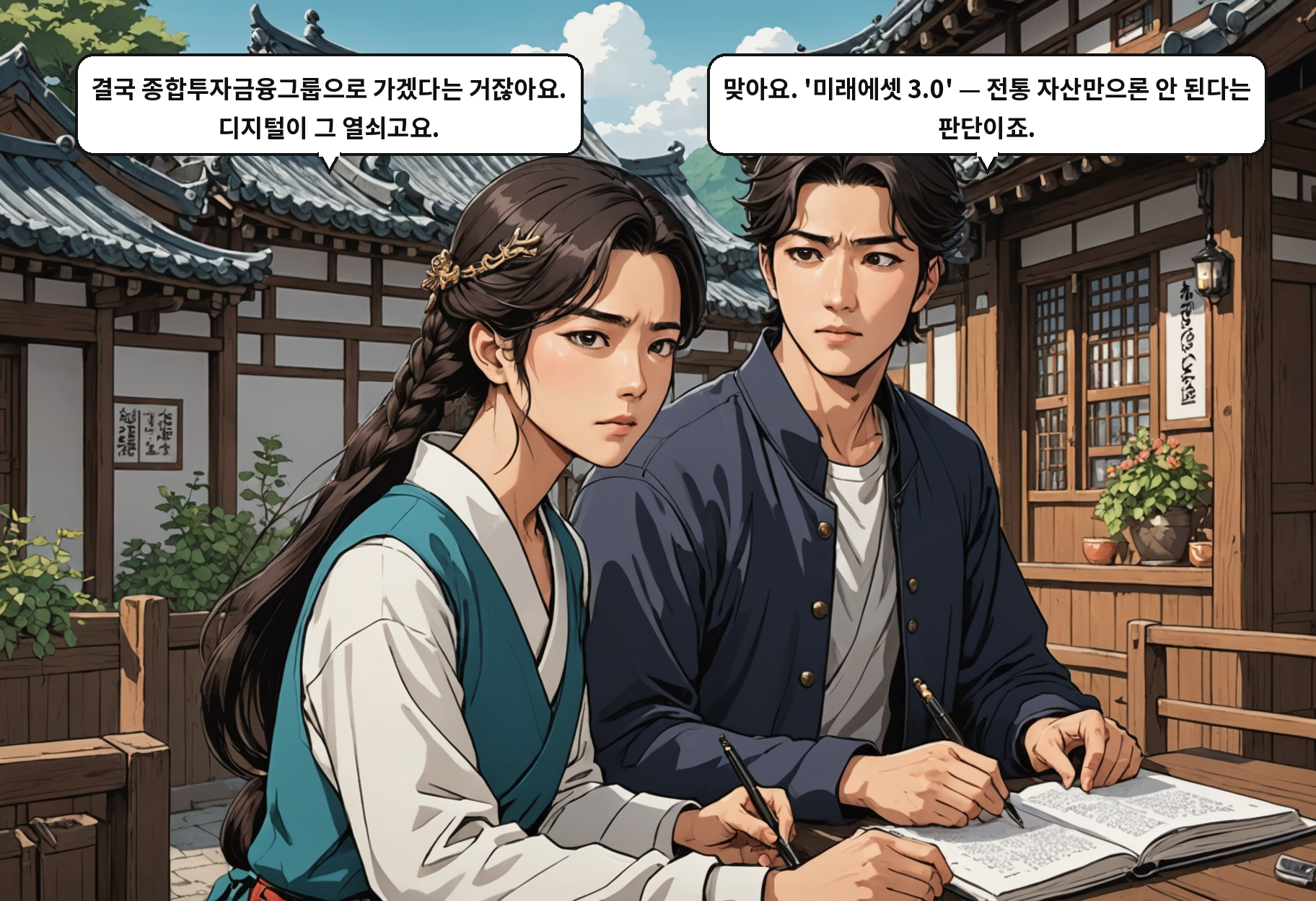 A: 결국 종합투자금융그룹으로 가겠다는 거잖아요. 디지털이 그 열쇠고요. B: 맞아요. '미래에셋 3.0' — 전통 자산만으론 안 된다는 판단이죠.