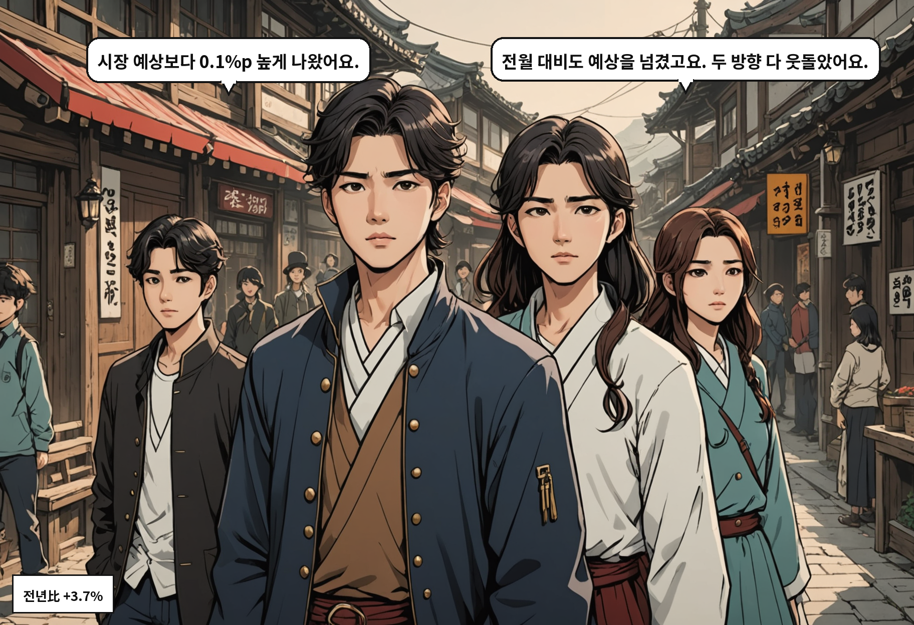 A: 시장 예상보다 0.1%p 높게 나왔어요. B: 전월 대비도 예상을 넘겼고요. 두 방향 다 웃돌았어요.