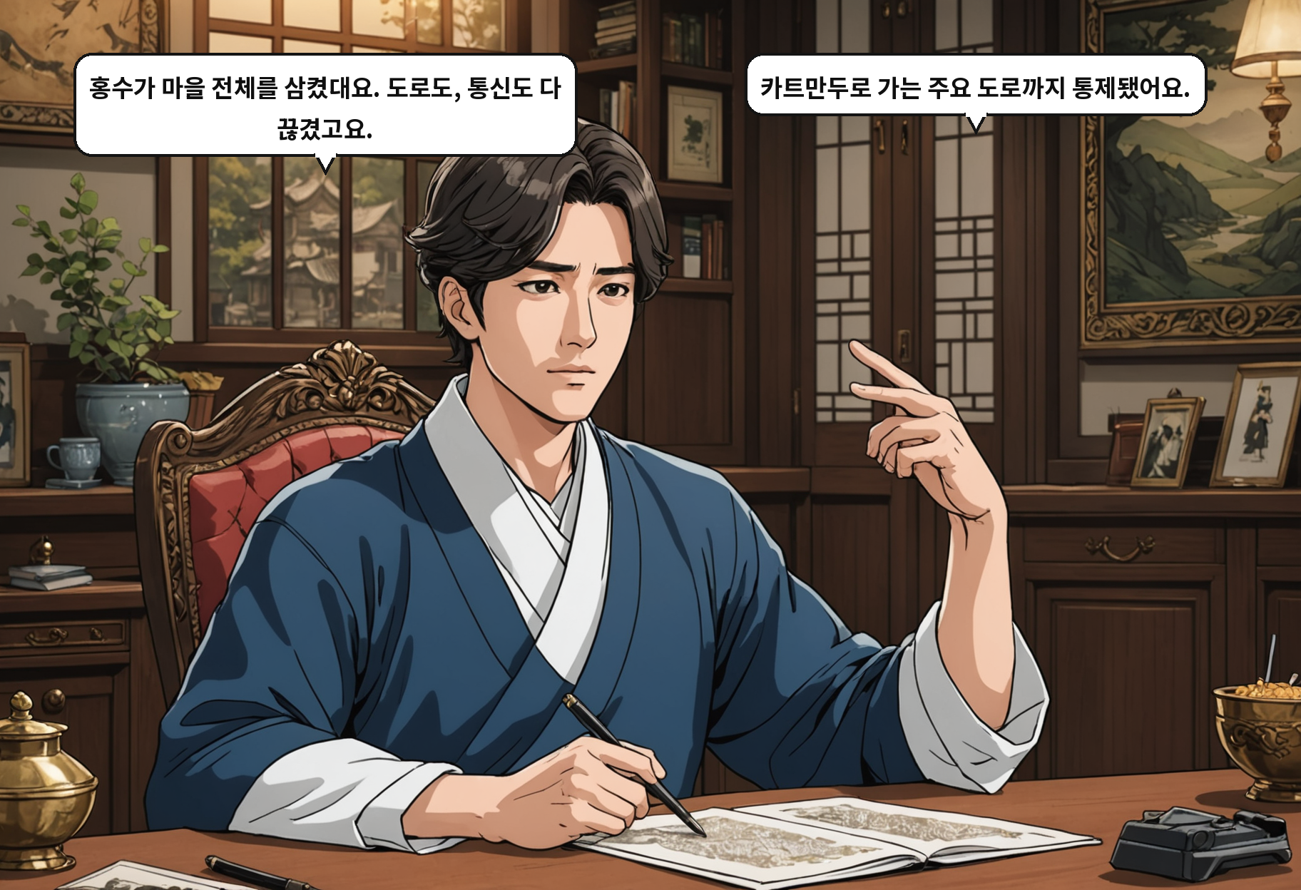 A: 홍수가 마을 전체를 삼켰대요. 도로도, 통신도 다 끊겼고요. B: 카트만두로 가는 주요 도로까지 통제됐어요.