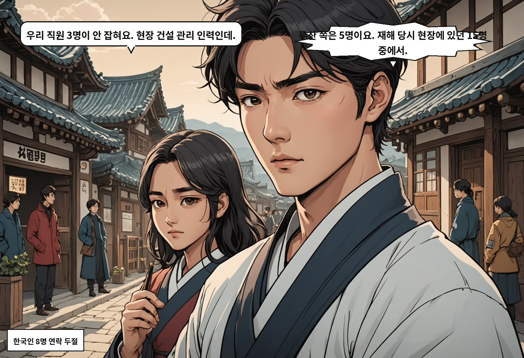 A: 우리 직원 3명이 안 잡혀요. 현장 건설 관리 인력인데. B: 두산 쪽은 5명이요. 재해 당시 현장에 있던 15명 중에서.