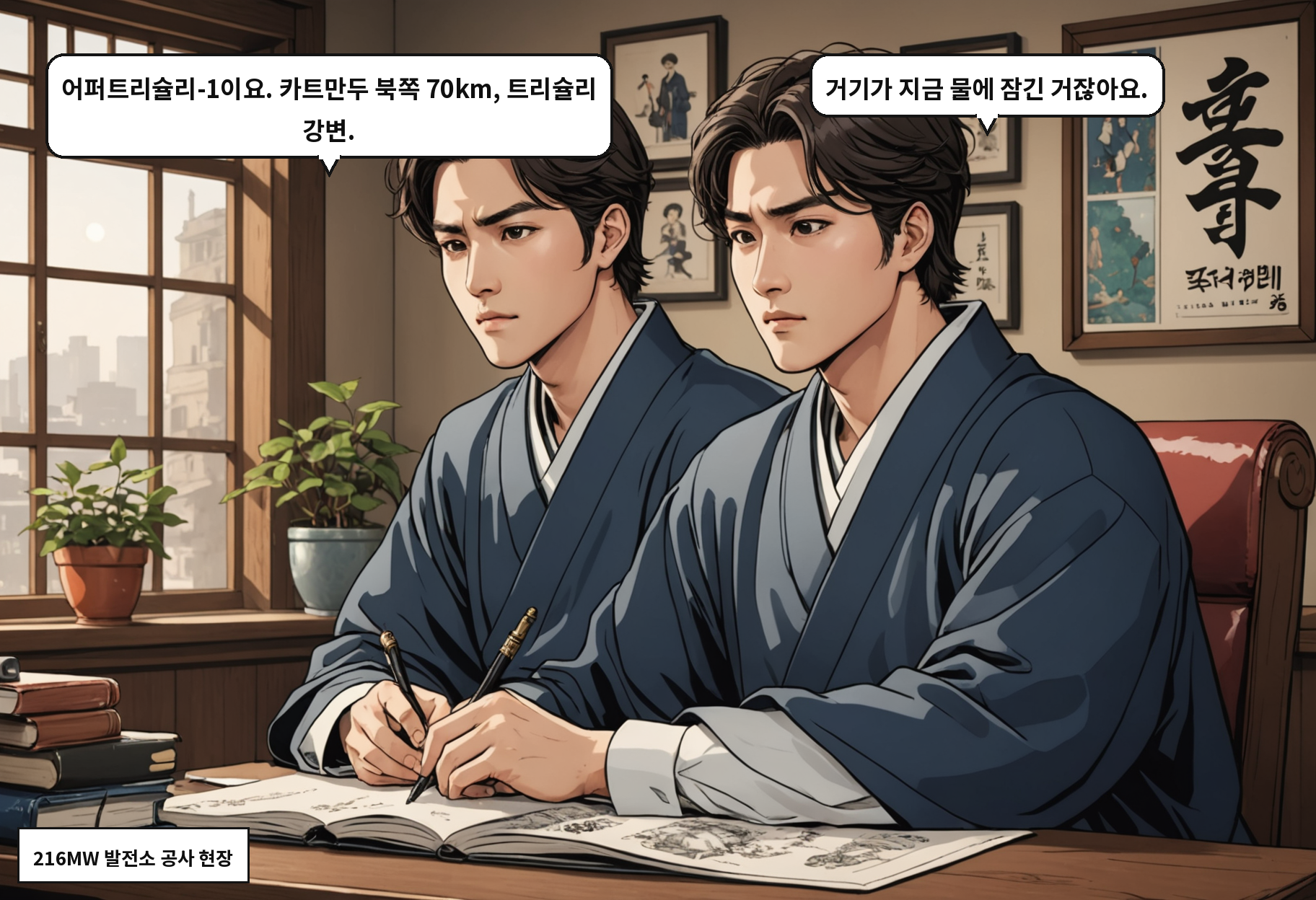 B: 어퍼트리슐리-1이요. 카트만두 북쪽 70km, 트리슐리 강변. A: 거기가 지금 물에 잠긴 거잖아요.