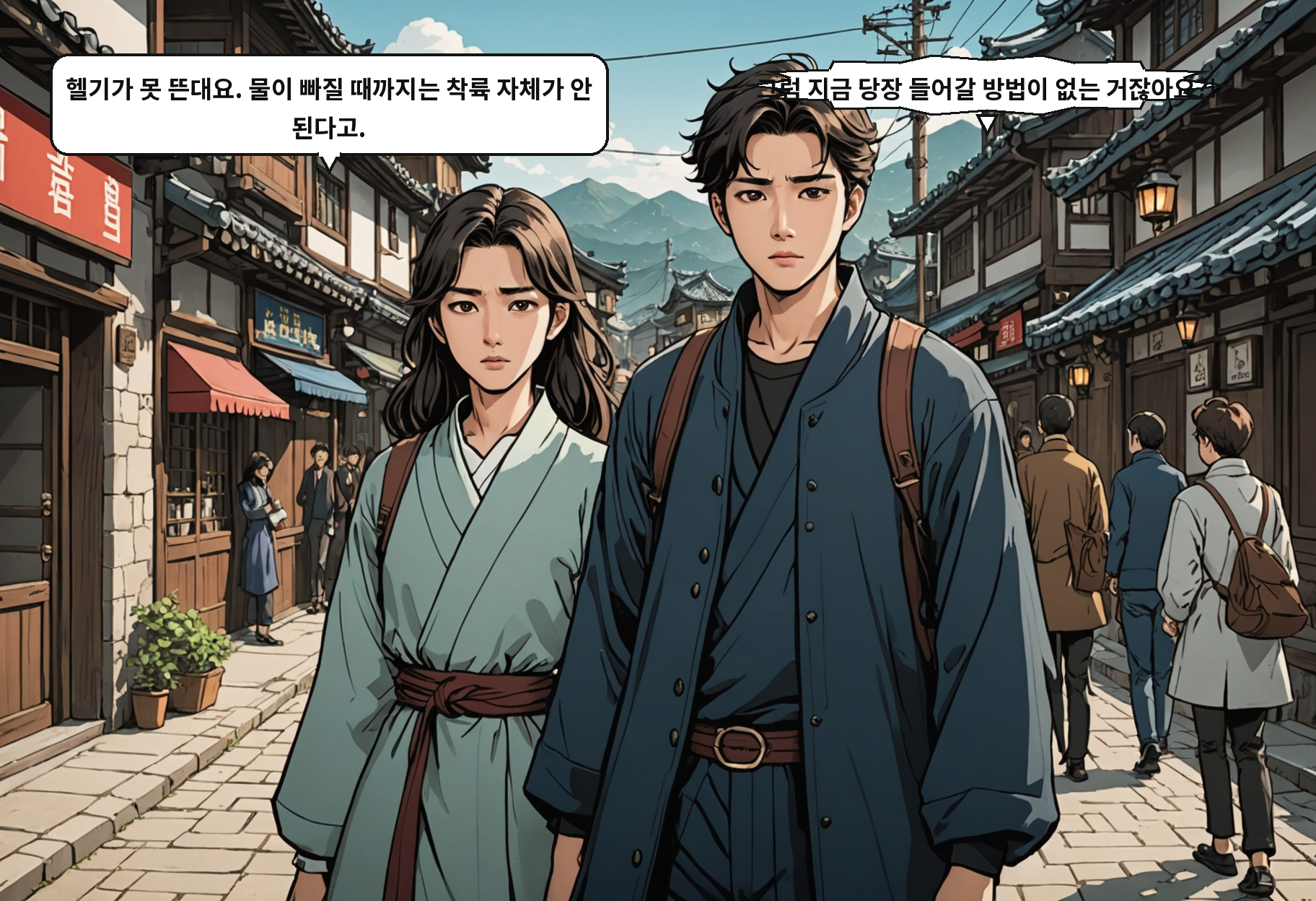 B: 헬기가 못 뜬대요. 물이 빠질 때까지는 착륙 자체가 안 된다고. A: 그럼 지금 당장 들어갈 방법이 없는 거잖아요?!