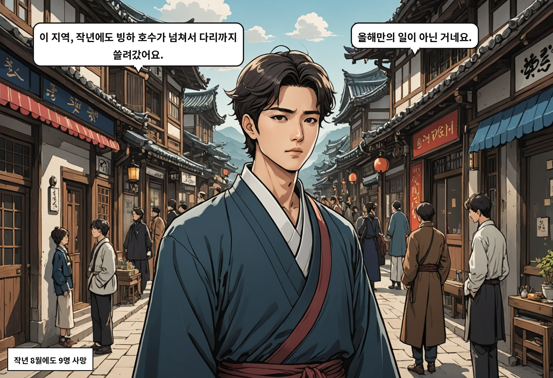 B: 이 지역, 작년에도 빙하 호수가 넘쳐서 다리까지 쓸려갔어요. A: 올해만의 일이 아닌 거네요.