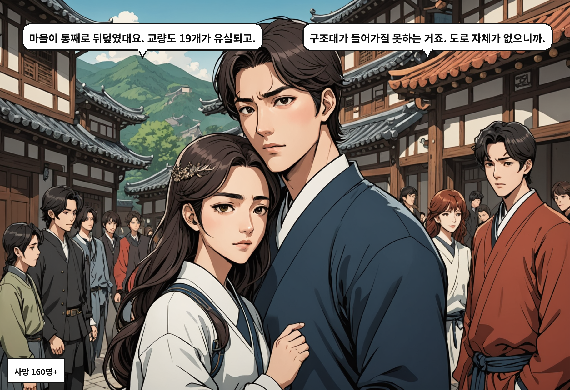 A: 마을이 통째로 뒤덮였대요. 교량도 19개가 유실되고. B: 구조대가 들어가질 못하는 거죠. 도로 자체가 없으니까.