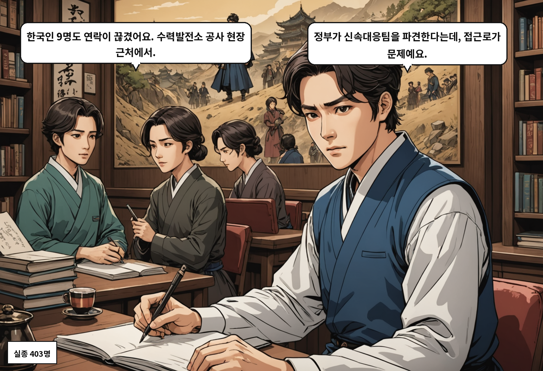 A: 한국인 9명도 연락이 끊겼어요. 수력발전소 공사 현장 근처에서. B: 정부가 신속대응팀을 파견한다는데, 접근로가 문제예요.