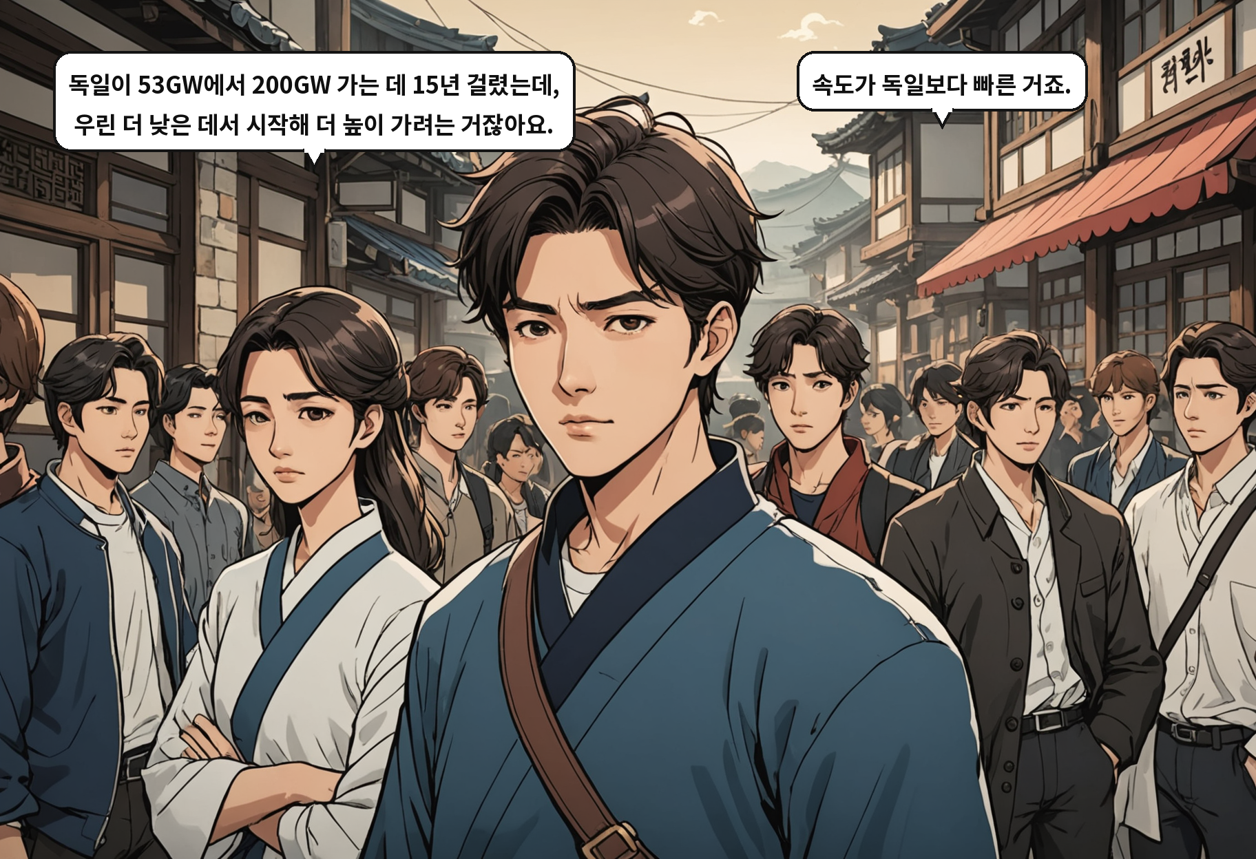 A: 독일이 53GW에서 200GW 가는 데 15년 걸렸는데, 우린 더 낮은 데서 시작해 더 높이 가려는 거잖아요. B: 속도가 독일보다 빠른 거죠.