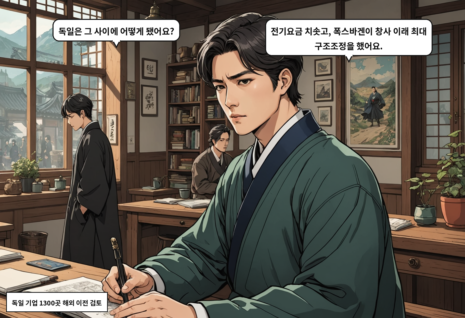 A: 독일은 그 사이에 어떻게 됐어요? B: 전기요금 치솟고, 폭스바겐이 창사 이래 최대 구조조정을 했어요.
