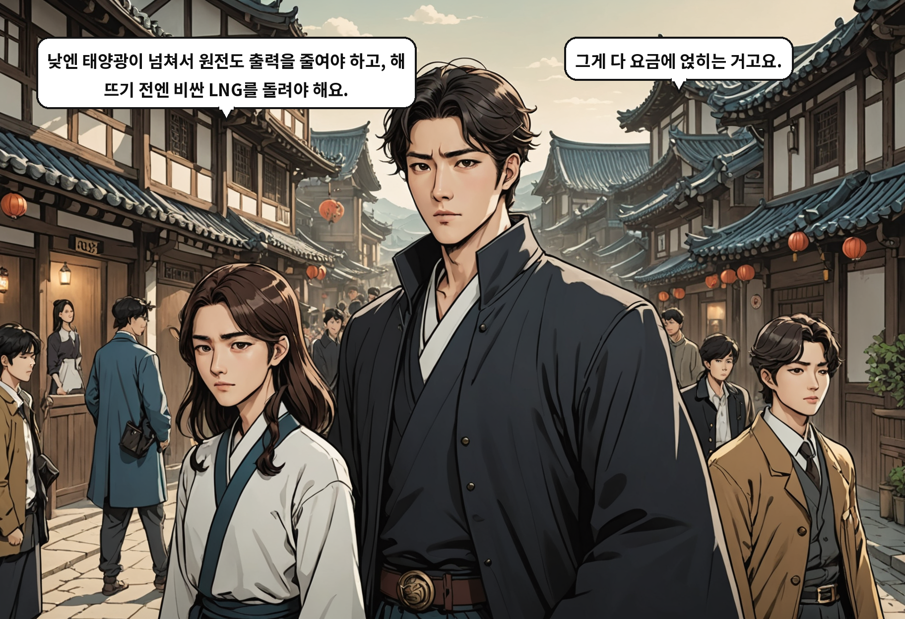 B: 낮엔 태양광이 넘쳐서 원전도 출력을 줄여야 하고, 해 뜨기 전엔 비싼 LNG를 돌려야 해요. A: 그게 다 요금에 얹히는 거고요.