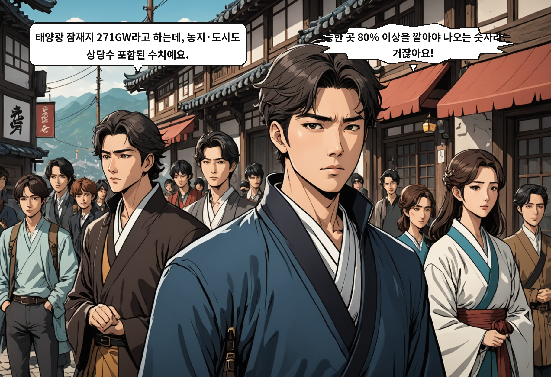 B: 태양광 잠재지 271GW라고 하는데, 농지·도시도 상당수 포함된 수치예요. A: 가능한 곳 80% 이상을 깔아야 나오는 숫자라는 거잖아요!