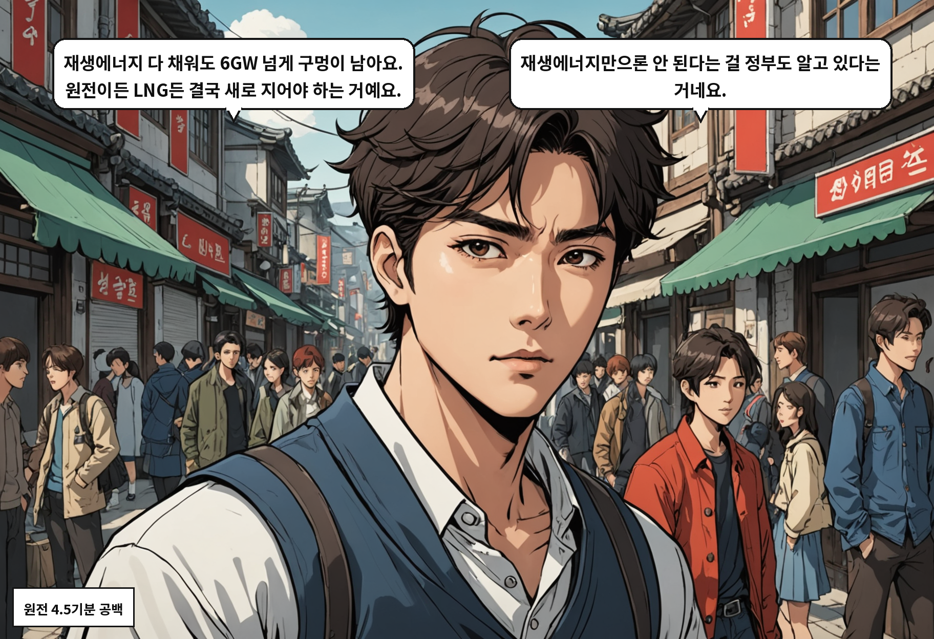 B: 재생에너지 다 채워도 6GW 넘게 구멍이 남아요. 원전이든 LNG든 결국 새로 지어야 하는 거예요. A: 재생에너지만으론 안 된다는 걸 정부도 알고 있다는 거네요.