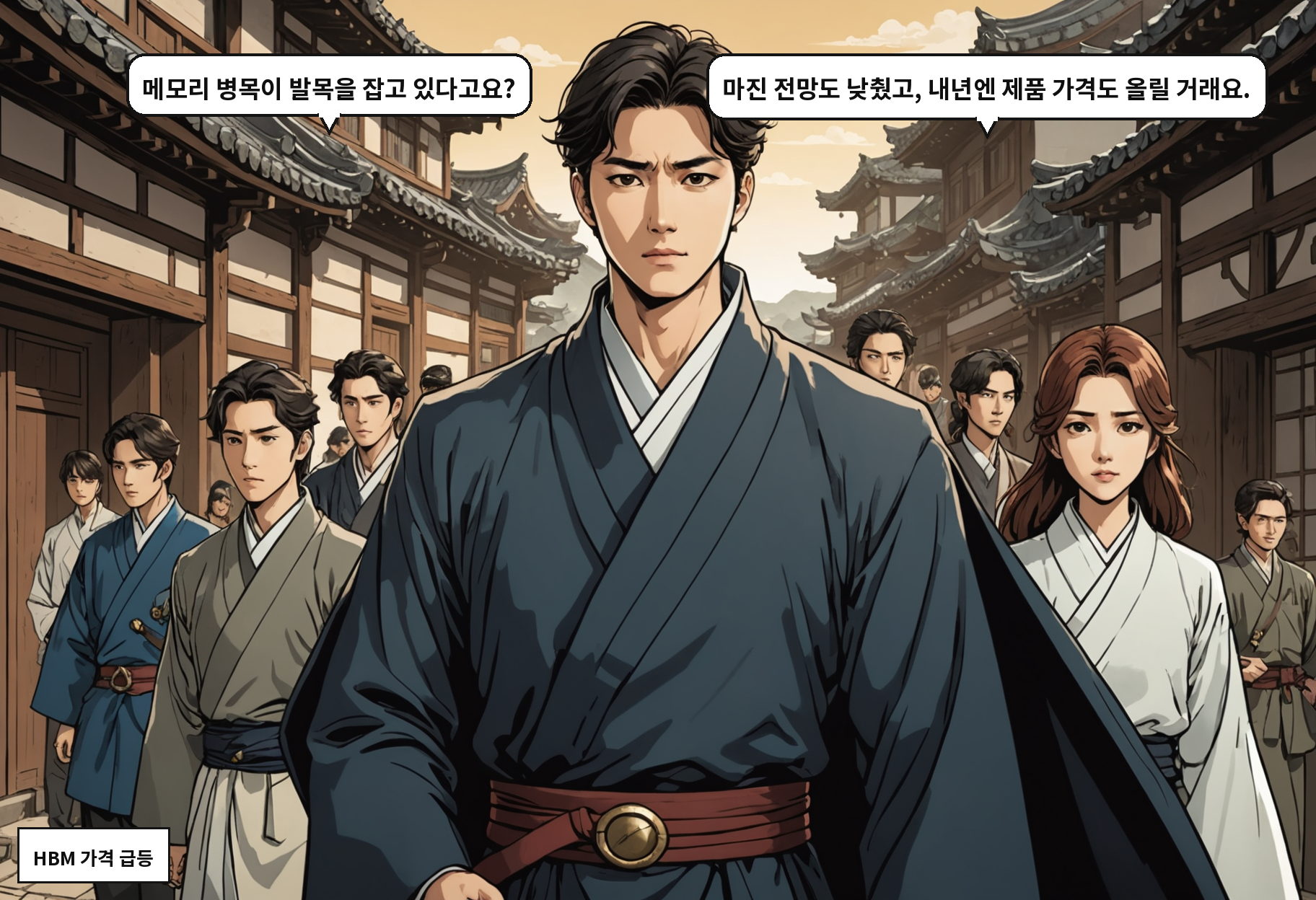B: 메모리 병목이 발목을 잡고 있다고요? A: 마진 전망도 낮췄고, 내년엔 제품 가격도 올릴 거래요.