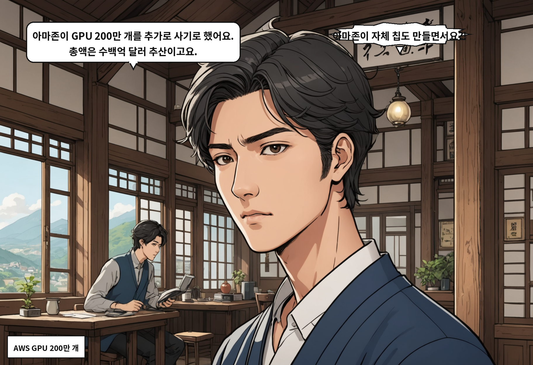 A: 아마존이 GPU 200만 개를 추가로 사기로 했어요. 총액은 수백억 달러 추산이고요. B: 아마존이 자체 칩도 만들면서요?!