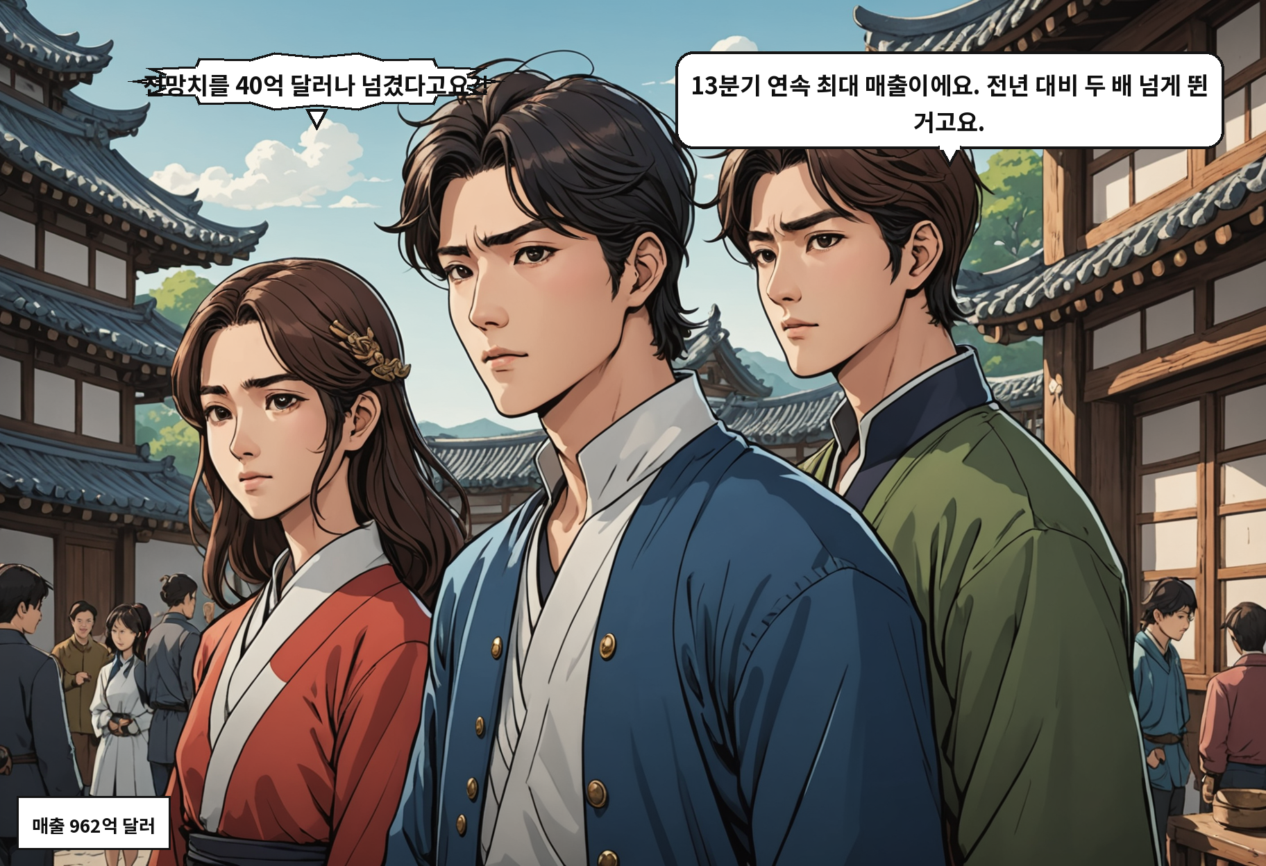 B: 전망치를 40억 달러나 넘겼다고요?! A: 13분기 연속 최대 매출이에요. 전년 대비 두 배 넘게 뛴 거고요.
