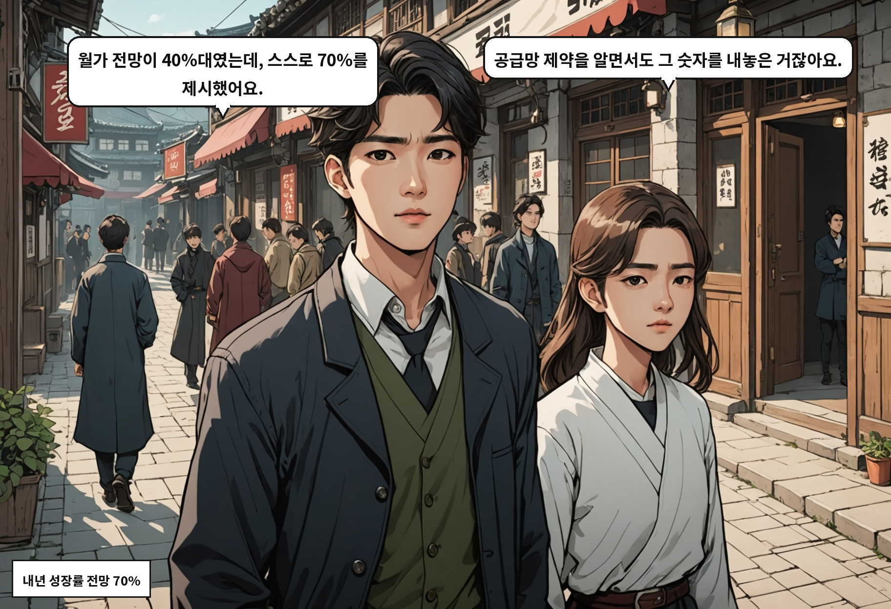 A: 월가 전망이 40%대였는데, 스스로 70%를 제시했어요. B: 공급망 제약을 알면서도 그 숫자를 내놓은 거잖아요.