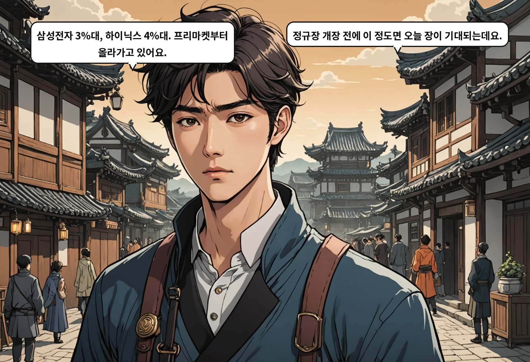 A: 삼성전자 3%대, 하이닉스 4%대. 프리마켓부터 올라가고 있어요. B: 정규장 개장 전에 이 정도면 오늘 장이 기대되는데요.
