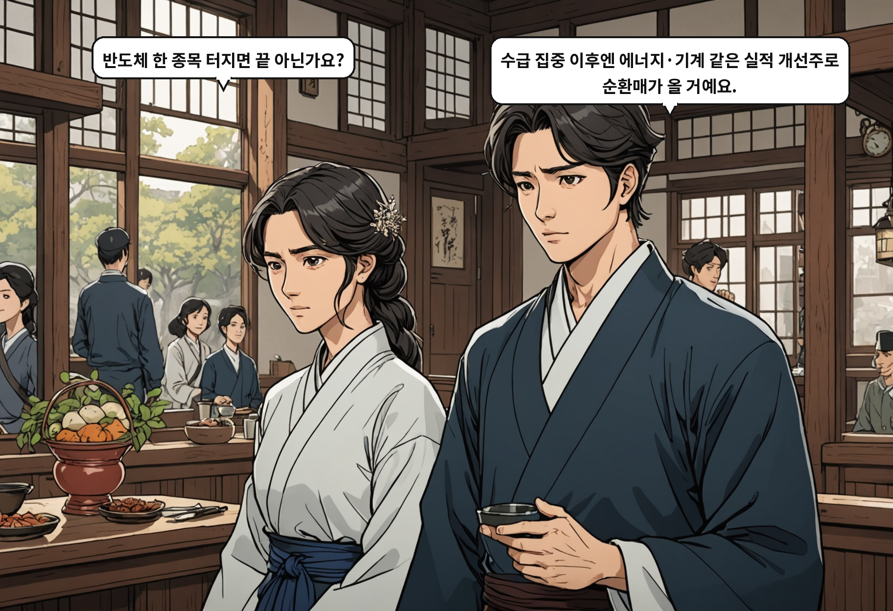 B: 반도체 한 종목 터지면 끝 아닌가요? A: 수급 집중 이후엔 에너지·기계 같은 실적 개선주로 순환매가 올 거예요.