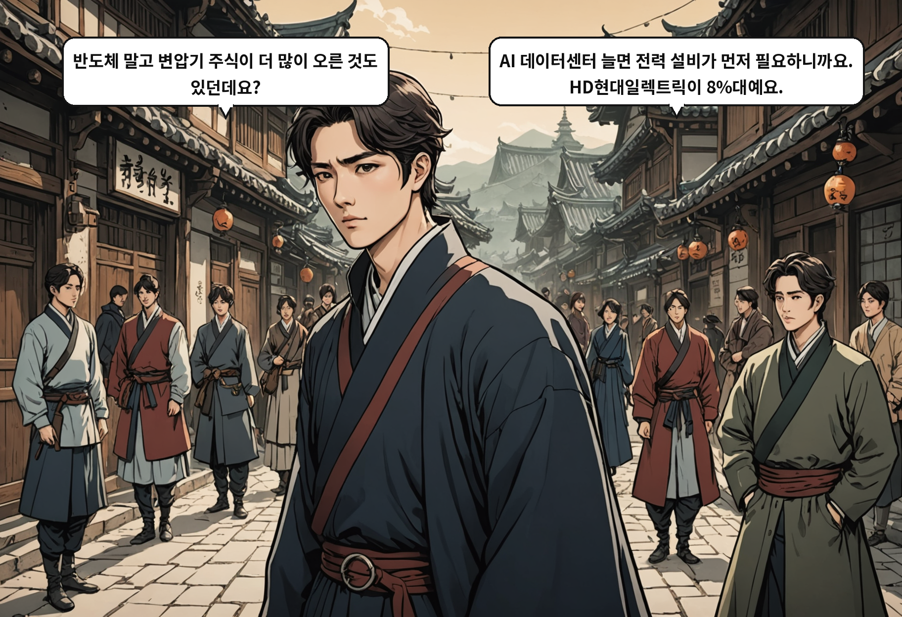 B: 반도체 말고 변압기 주식이 더 많이 오른 것도 있던데요? A: AI 데이터센터 늘면 전력 설비가 먼저 필요하니까요. HD현대일렉트릭이 8%대예요.