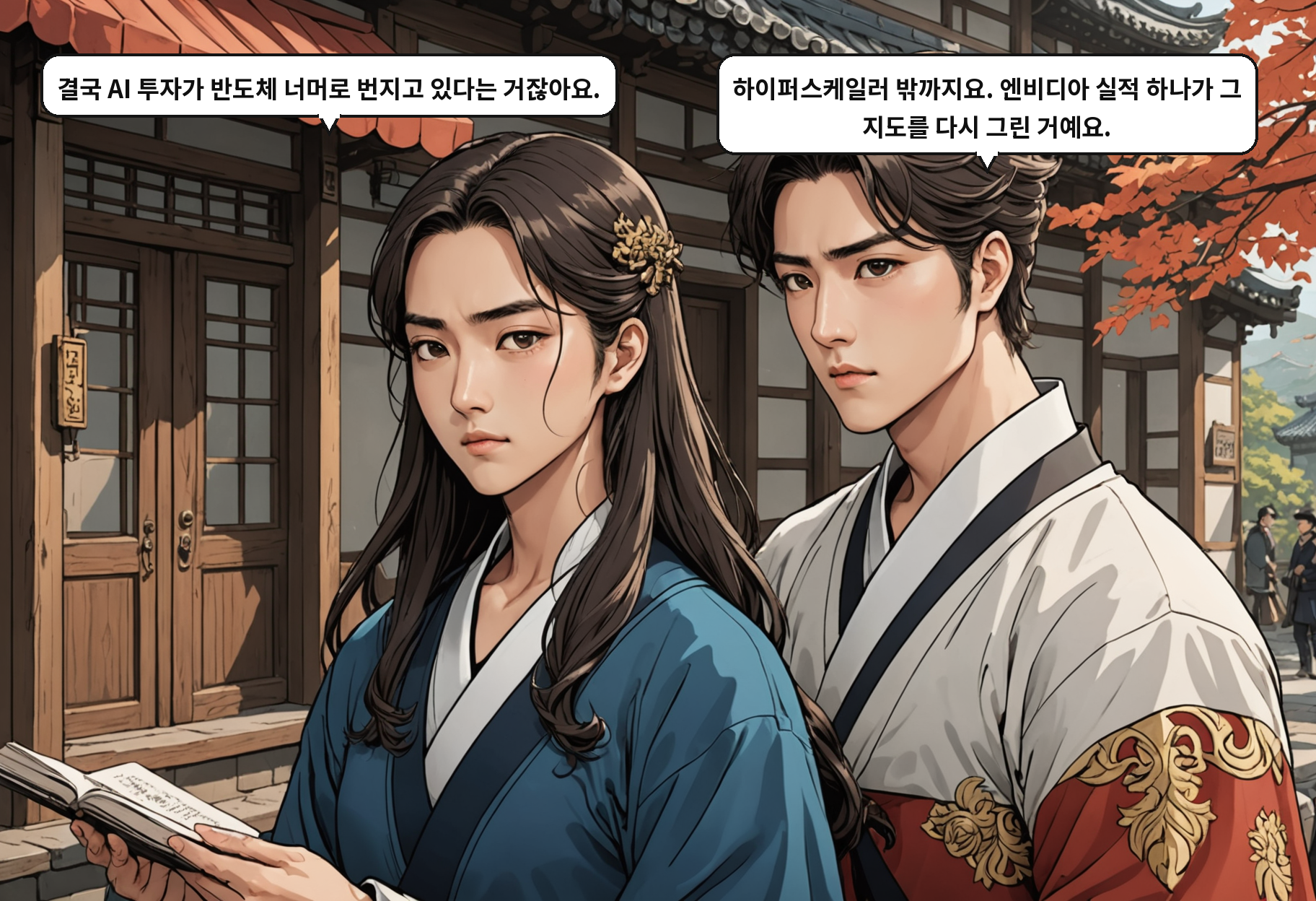 B: 결국 AI 투자가 반도체 너머로 번지고 있다는 거잖아요. A: 하이퍼스케일러 밖까지요. 엔비디아 실적 하나가 그 지도를 다시 그린 거예요.