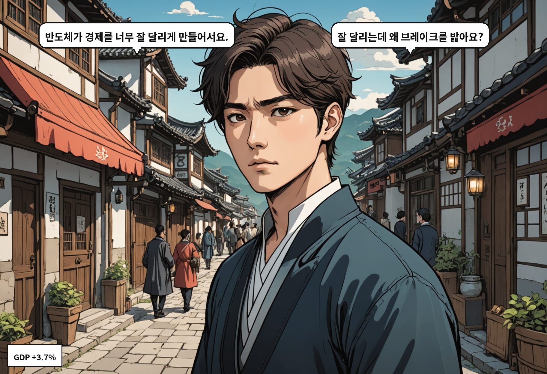 A: 반도체가 경제를 너무 잘 달리게 만들어서요. B: 잘 달리는데 왜 브레이크를 밟아요?