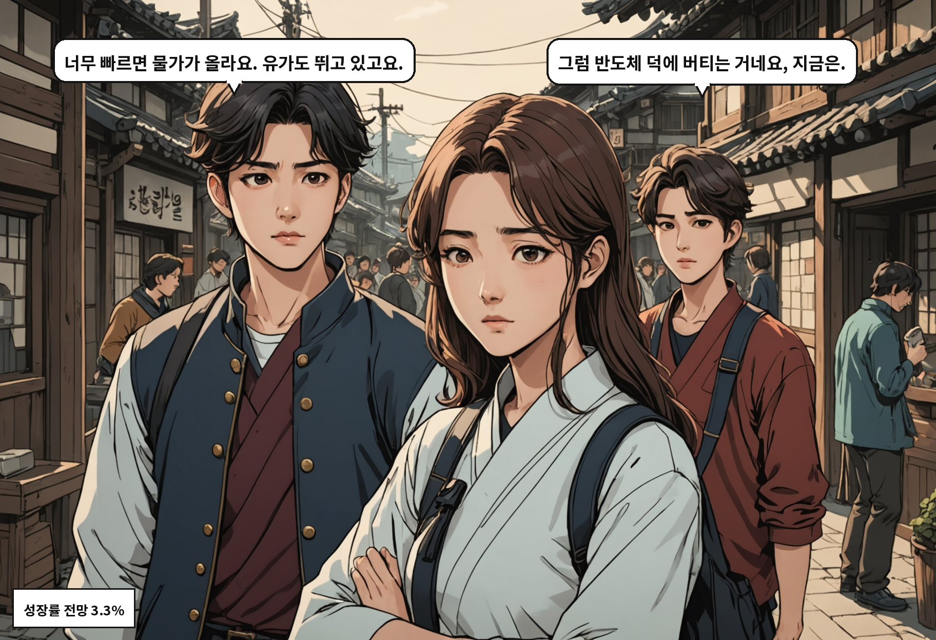 A: 너무 빠르면 물가가 올라요. 유가도 뛰고 있고요. B: 그럼 반도체 덕에 버티는 거네요, 지금은.