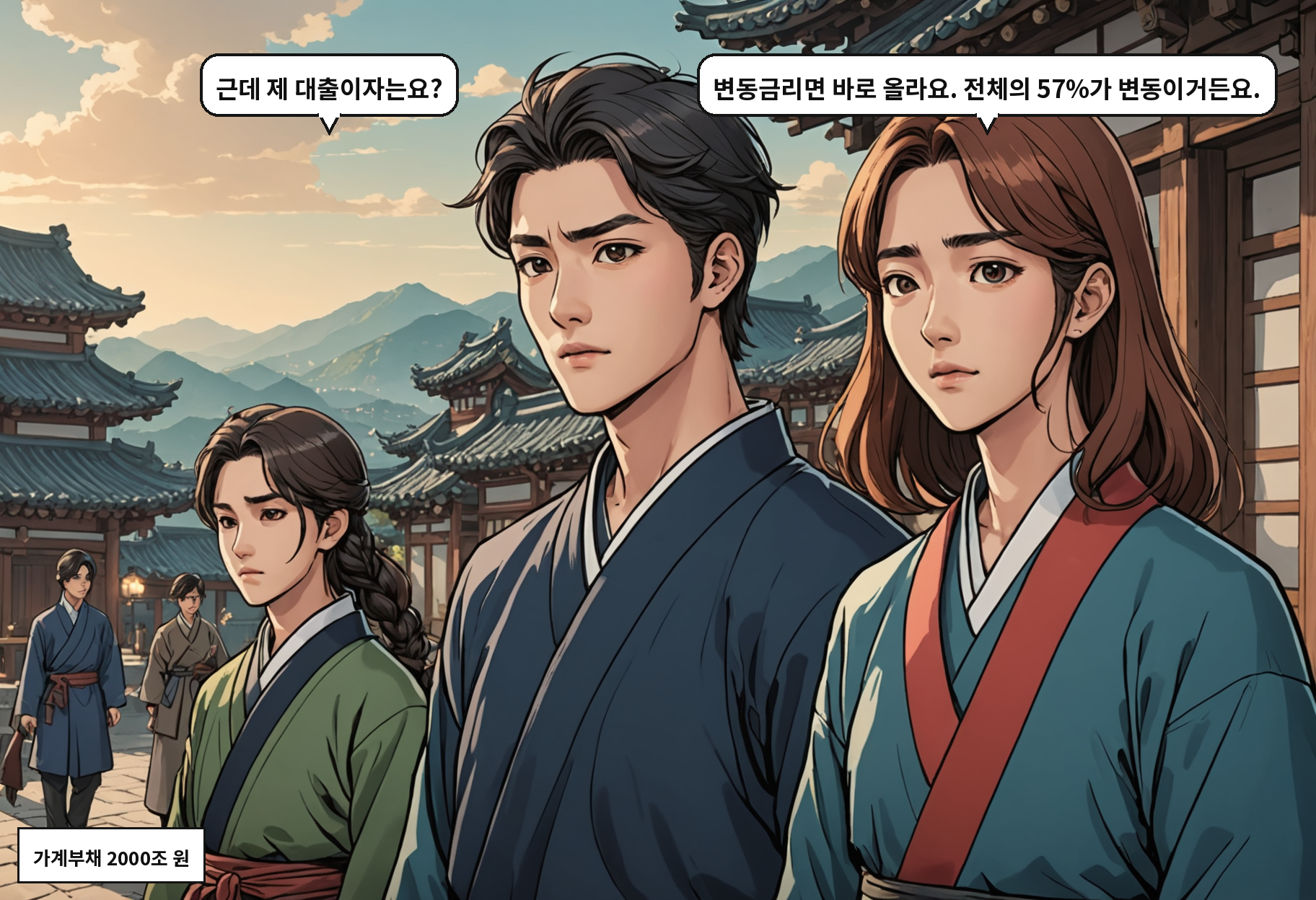 B: 근데 제 대출이자는요? A: 변동금리면 바로 올라요. 전체의 57%가 변동이거든요.