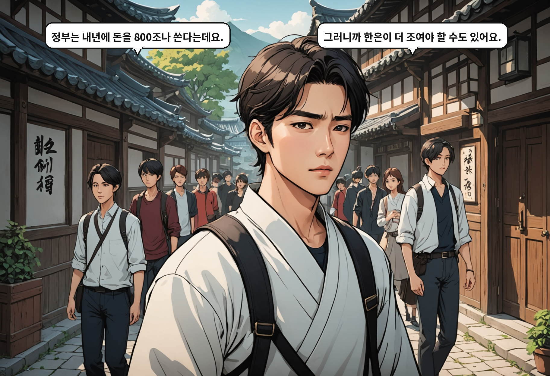 B: 정부는 내년에 돈을 800조나 쓴다는데요. A: 그러니까 한은이 더 조여야 할 수도 있어요.